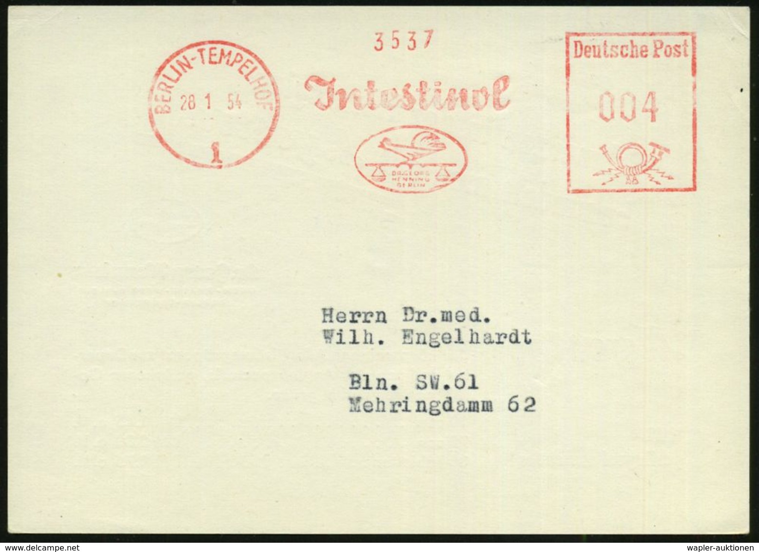 BERLIN-TEMPELHOF/ 1/ Jntestinol/ DR.GEORG/ HENNIG.. 1954 (28.1.) AFS = Hahn Auf Waage (= Firmen-Logo) Braune Reklame-Kt. - Apotheek