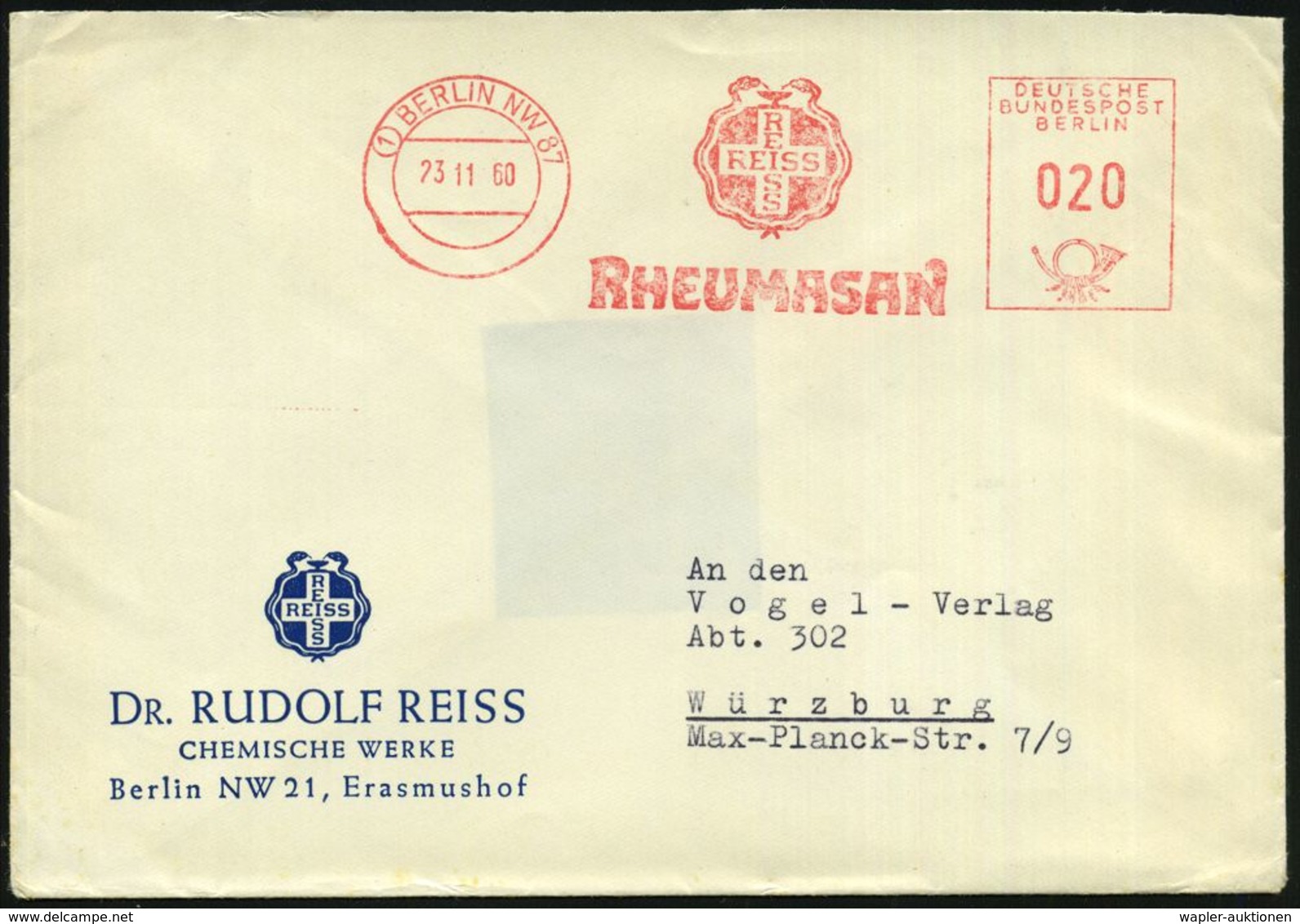 (1) BERLIN NW 87/ REISS/ RHEUMASAN 1961 (23.11.) AFS (Logo Mit 2 Schlangen) = Rheuma-Medikament, Motivgl. Firmenbf.  (Dü - Apotheek