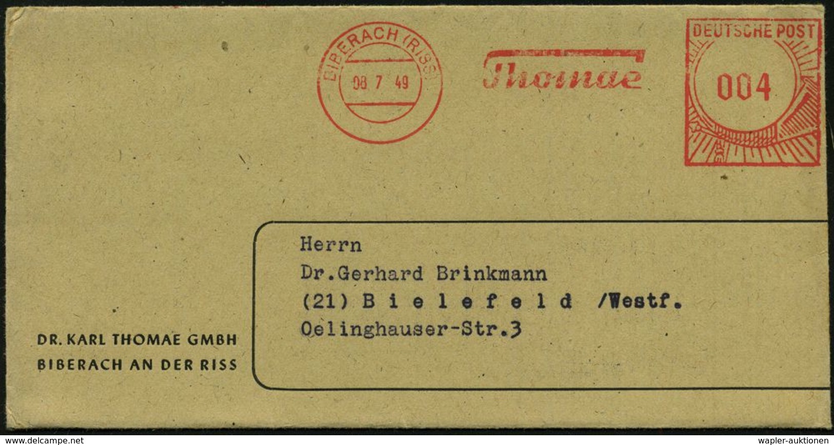 BIBERACH (RISS)/ Thomae 1949 (8.7.) AFS Typ FZ 004 Pf. Auf Schmalem Firmen-Bf. + Reklame-Inhalt: 2 Werbezettel Für Medik - Pharmacie