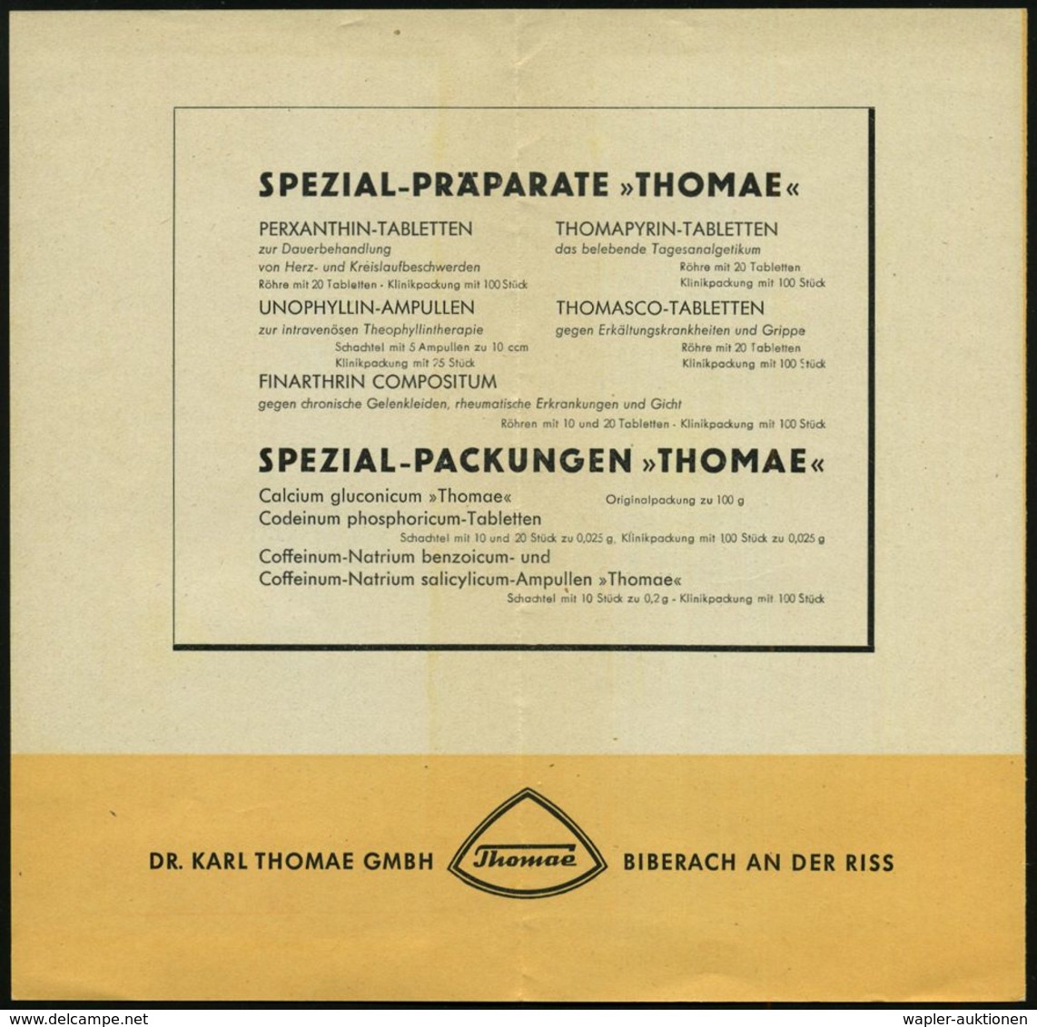 BIBERACH (RISS)/ Thomae 1949 (8.7.) AFS Typ FZ 004 Pf. Auf Schmalem Firmen-Bf. + Reklame-Inhalt: 2 Werbezettel Für Medik - Pharmacie