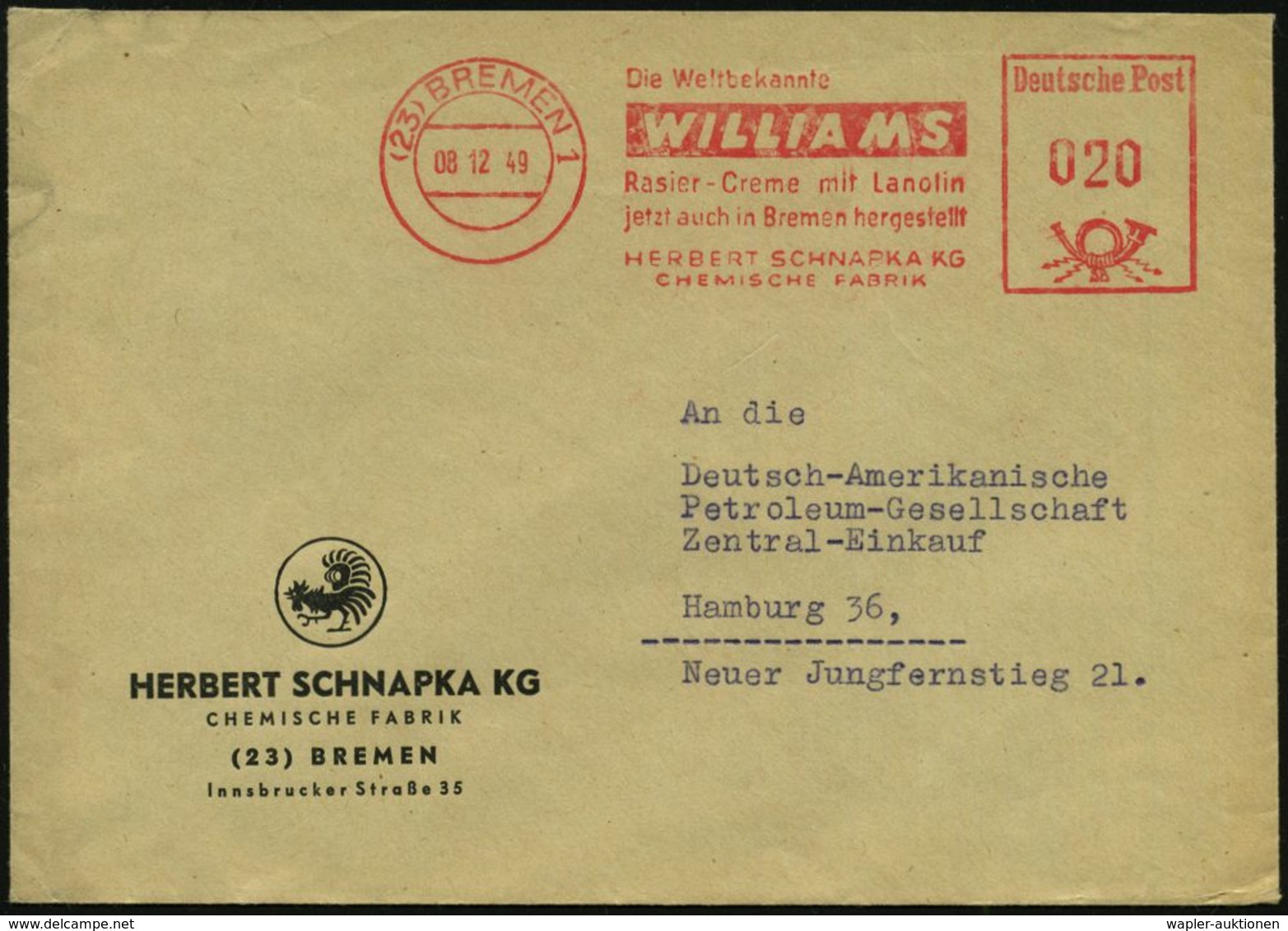 (23) BREMEN 1/ ..WILLIA MS/ Rasier-Creme Mit Lanolin../ HERBERT SCHNARKA KG/ CHEM.FABRIK 1949 (8.12.) AFS Auf Dekorat. F - Apotheek