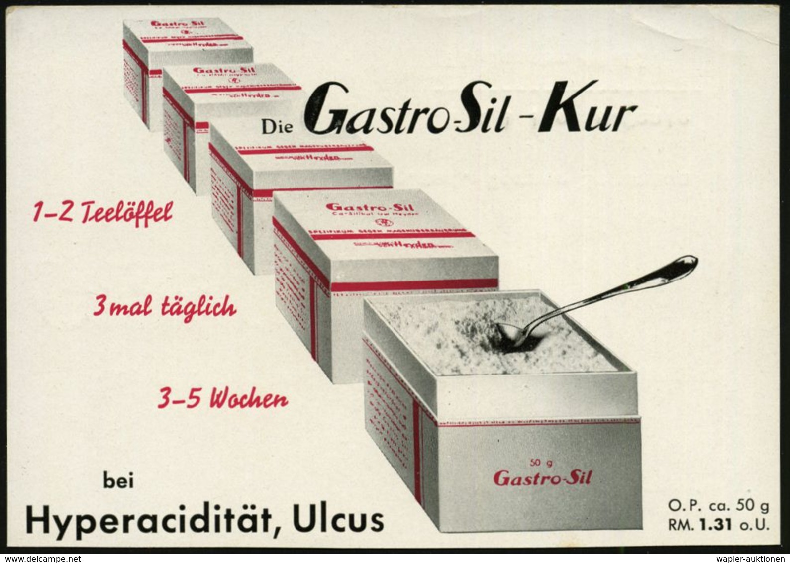 DRESDEN A 1/ *IV 1934 (12.10.) PFS 3 Pf. Auf Zweifarbiger Reklame-Kt.: Gastro-Sil-Kur (rs. 5 Medikamenten-Packungen) Inl - Apotheek