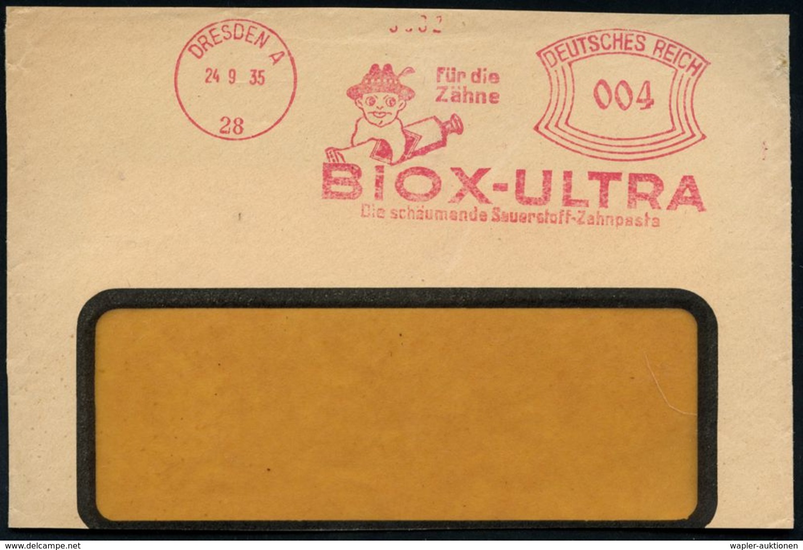 DRESDEN A/ 28/ Für Die/ Zähne/ BIOX-ULTRA... 1935 (24.9.) Dekorativer AFS = Figur Mit Gr- Zahnpasta-Tube Klar Auf Teil-V - Farmacia