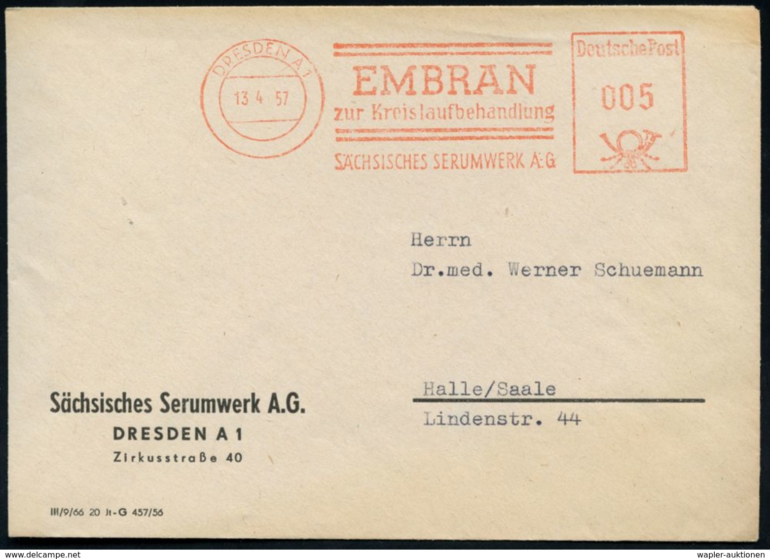 DRESDEN A1/ EMBRAN/ Zur Kreislaufbehandlung/ SÄCHS.SERUMWERK AG. 1956 (18.7.) AFS Auf Firmen-Bf. (Dü.E-20CG) - PHARMAZIE - Apotheek