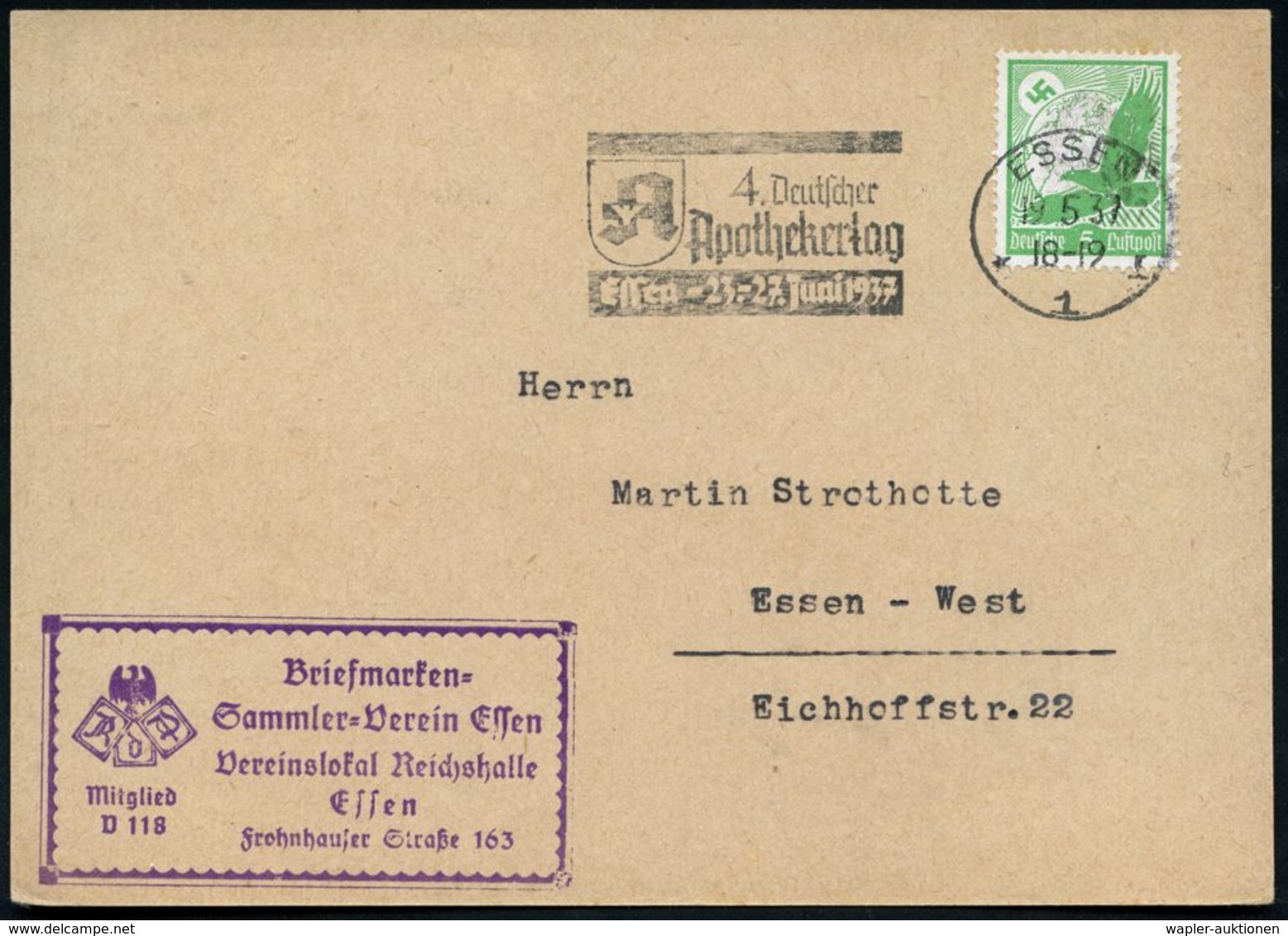 ESSEN/ *1I/ 4.Deutscher/ Apothekentag.. 1937 (19.5.) MWSt. = Apotherkerlogo_ "A" Mit Lebensrune , Inl.-Karte (Bo.26 A I) - Farmacia