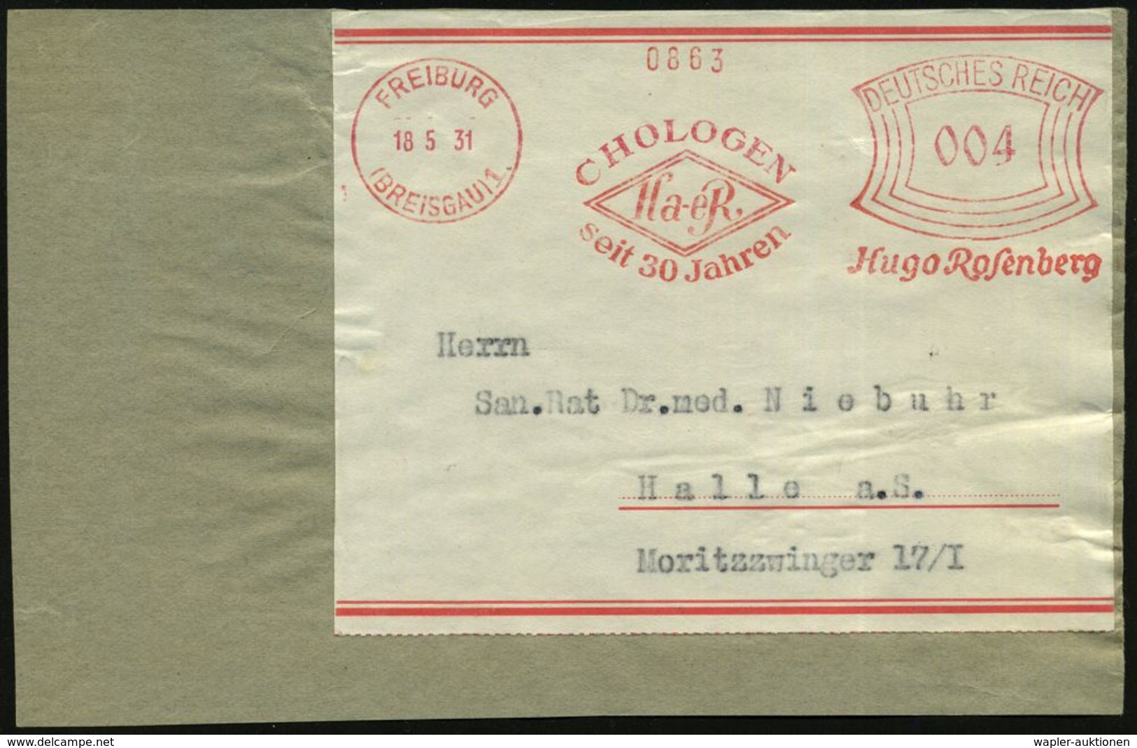 FREIBURG/ (BREISGAU)1/ CHOLOGEN/ Ha-eR/ Seit 30 Jahren/ Hugo Rosenberg 1931 (18.5.) AFS 004 Pf. Klar Auf Adreß-Aufkleber - Apotheek