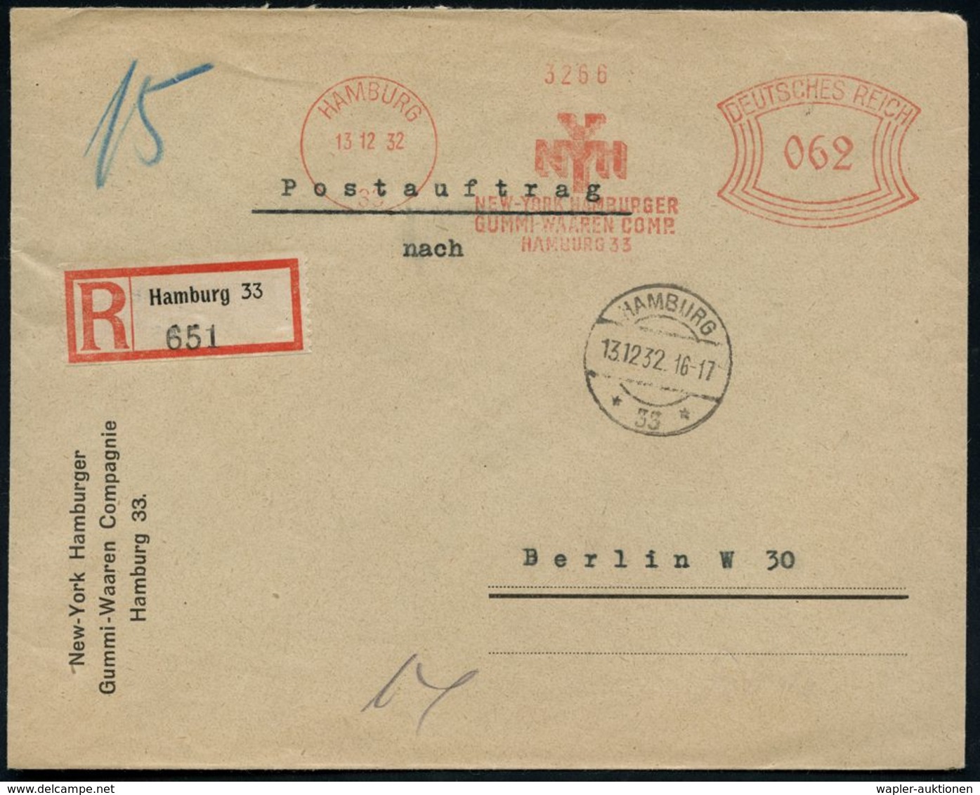 HAMBURG/ 33/ NEW-YORK HAMBURGER/ GUMMI-WAAREN COMP. 1932 (13.12.) AFS 062 Pf. (Monogr.-Logo) = Hersteller Von Kondomen " - Apotheek