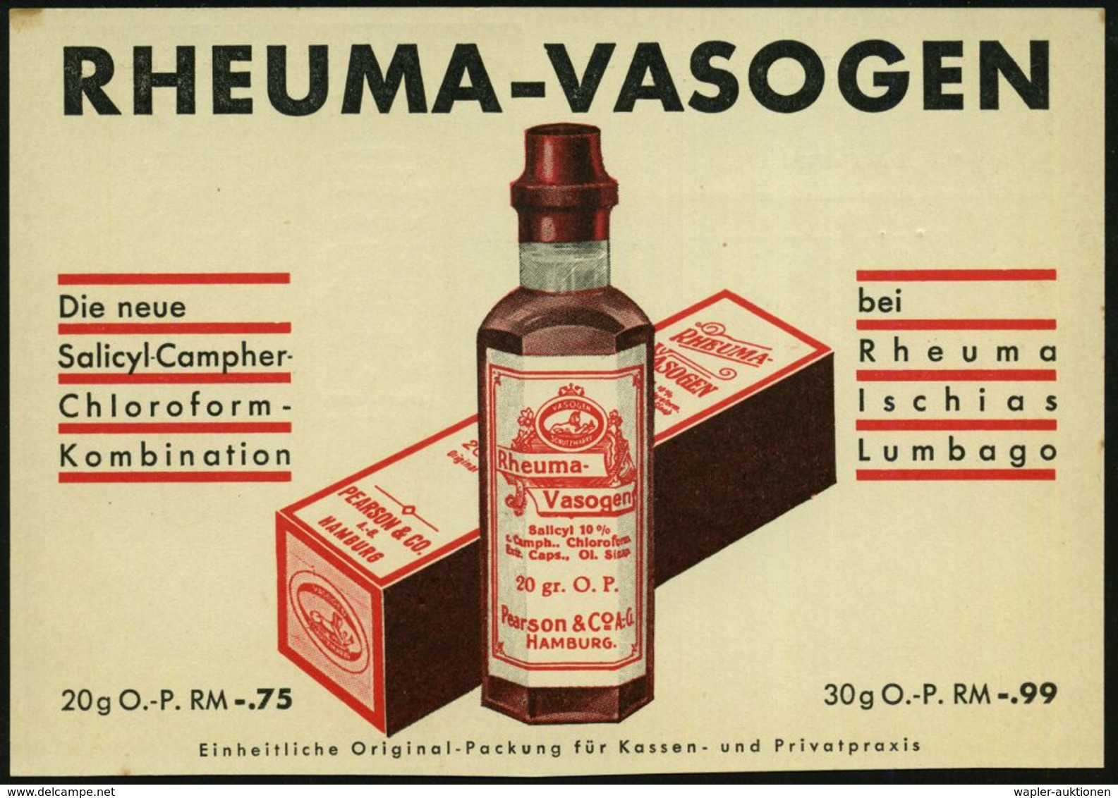 HAMBURG/ *1v 1935 (3.9.) PFS 3 Pf. Auf Color-Reklame-Kt.: RHEUMA-VASOGEN.. Pearson & Co. (Arznei-Flaschen) Dekorative In - Apotheek