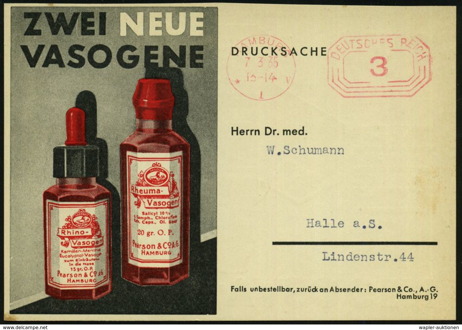 HAMBURG/ *1v 1935 (3.9.) PFS 3 Pf. Auf Color-Reklame-Kt.: RHEUMA-VASOGEN.. Pearson & Co. (Arznei-Flaschen) Dekorative In - Apotheek