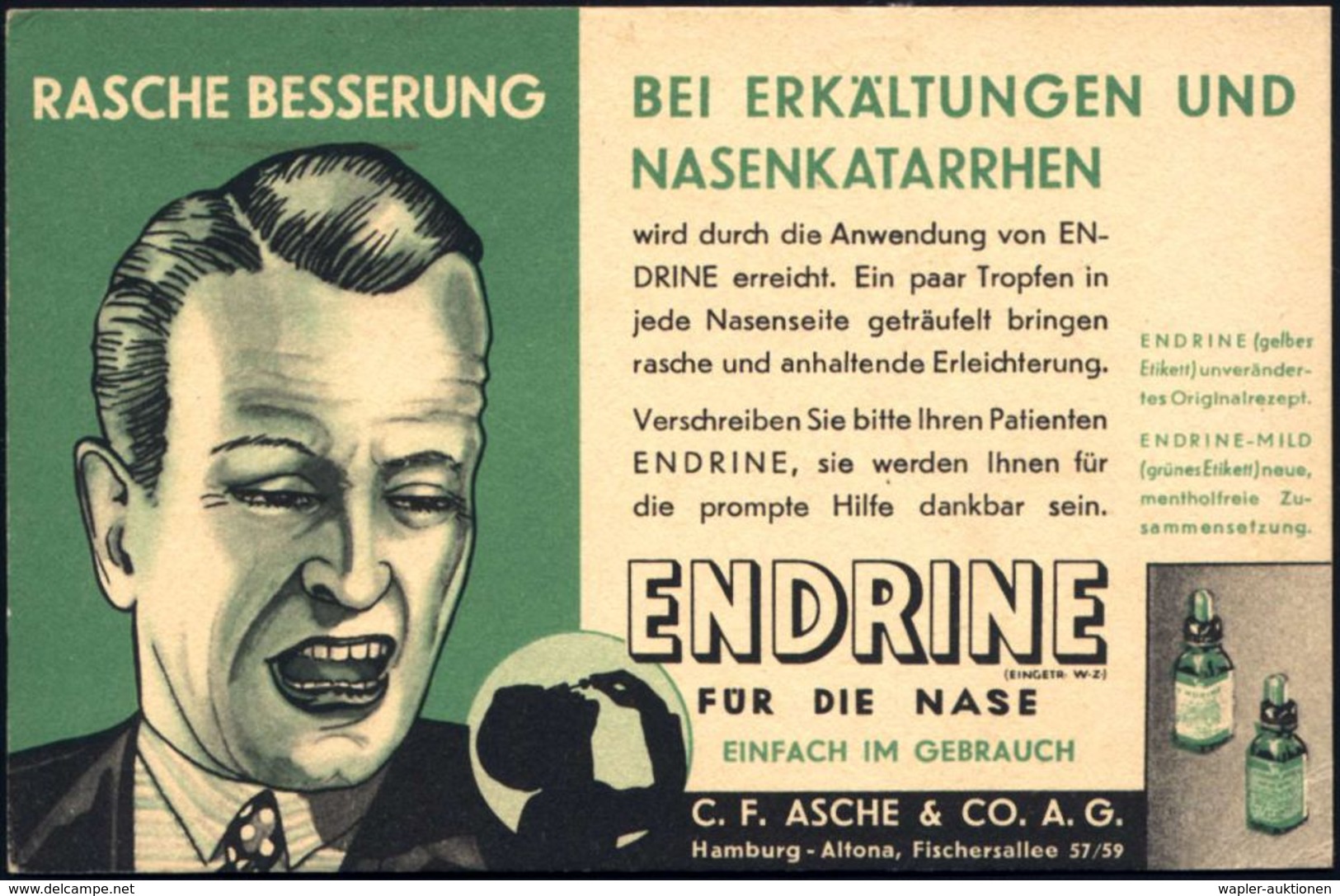 HAMBURG-ALTONA 1/ C.F./ Asche & Co/ AG 1940 (7.2.) AFS Auf Künstler-Reklame-Ak.: ENDRINE FÜR DIE NASE.. (Zeichnung Männe - Farmacia