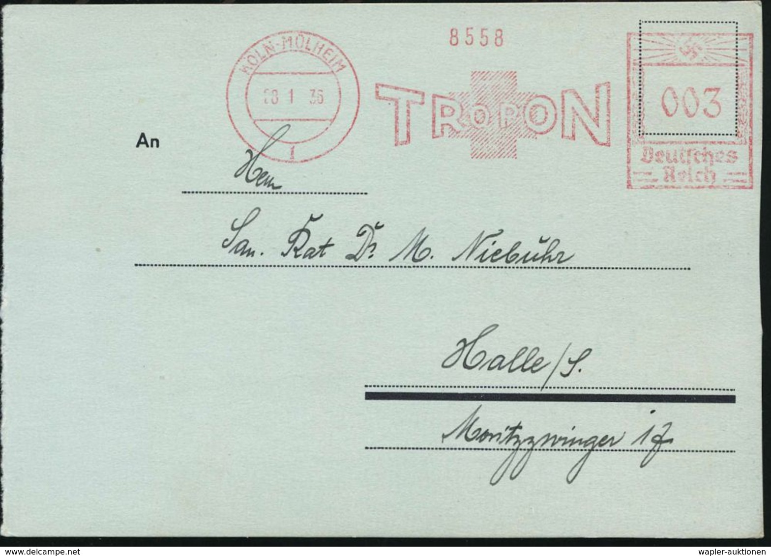 KÖLN-MÜLHEIM/ 1/ TROPON 1936 (28.1.) AFS (Rotes Kreuz) Auf Color-Reklame-Ak.: ARSEN-EISENTROPON..Blutregenera-tionsmitte - Pharmacy