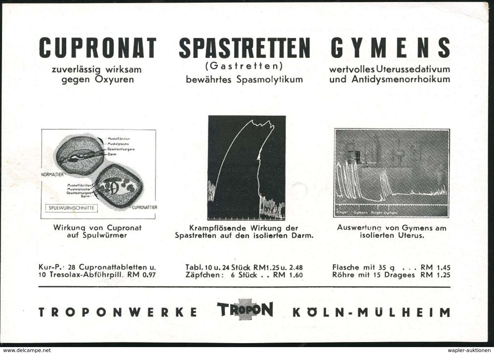 KÖLN-MÜLHEIM/ 1/ TROPON 1938 (25.5.) AFS (Kreuz) Auf S/w.-Reklame-Ak.: CUPRONAT, SPASTRETTEN/GYMENS (3 Abb.) Inl.Kt. (Dü - Apotheek