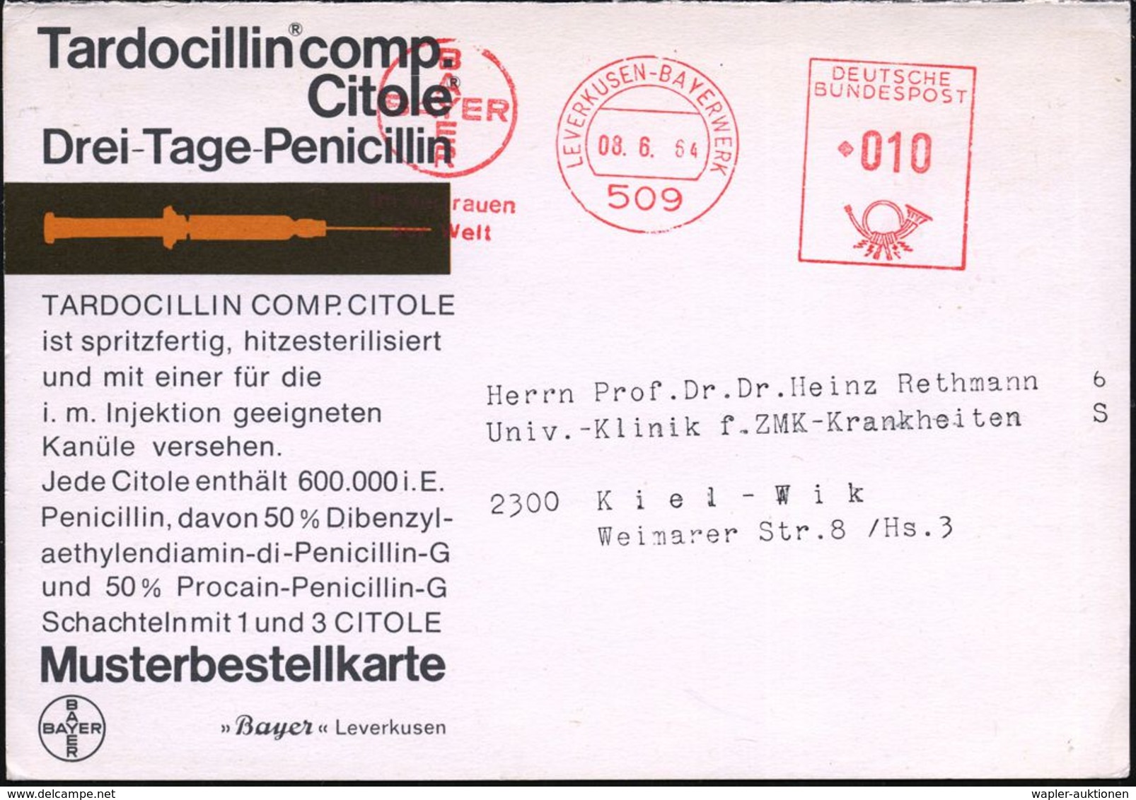 509 LEVERKUSEN-BAYERWERK/ BAYER/ Im Vertrauen/ D.Welt 1964 (8.6.) AFS = Hauspostamt Bayerwerk Auf (halber) Reklame-Kt.:  - Farmacia