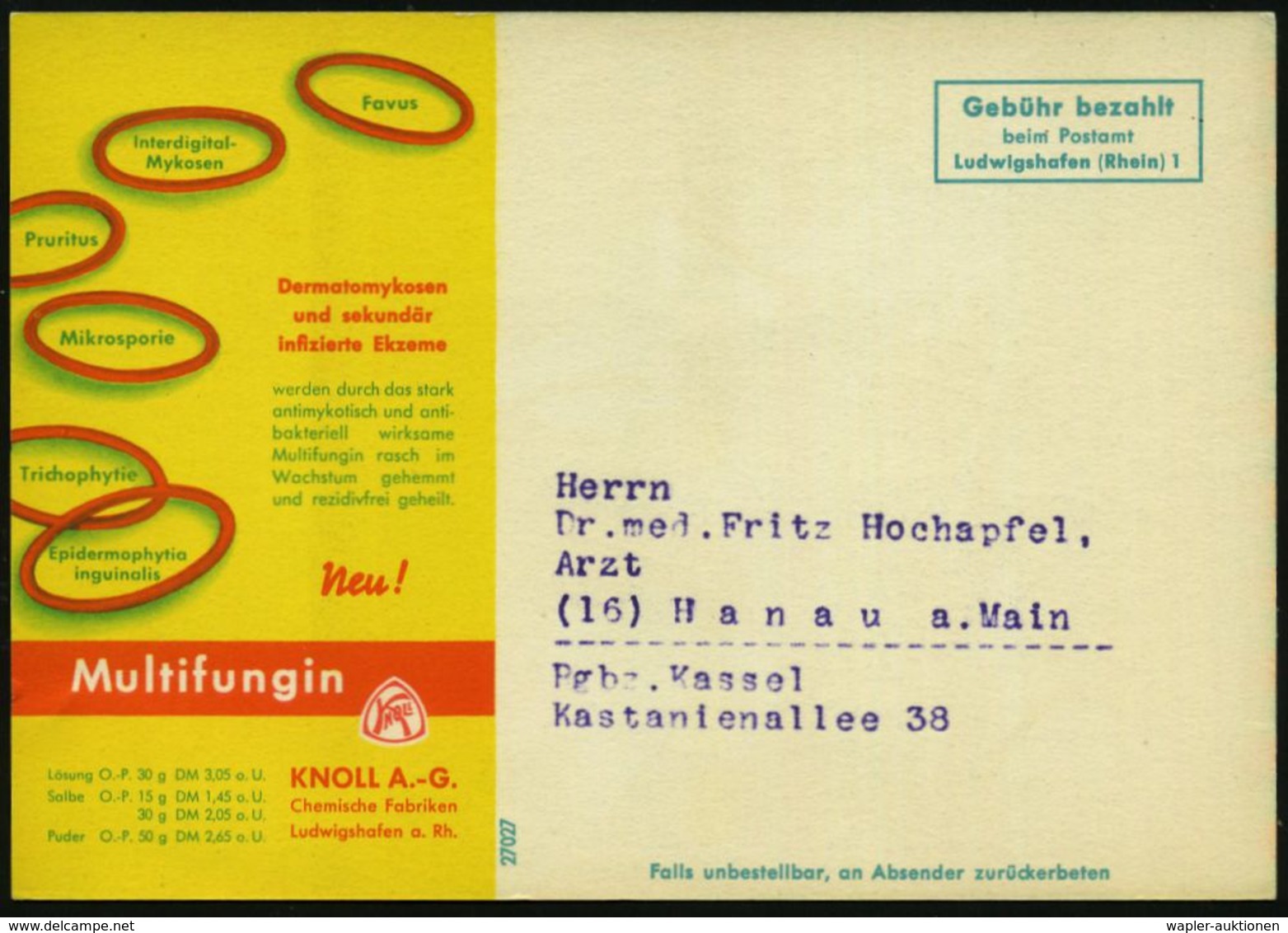 Ludwigshafen (Rhein)1/ Gebühr Bezahlt.. 1955 (ca.) Grüner Ra.3 In Buchdruck Auf Color-Reklame-Ak.: KNOLL A.G. Für Multif - Farmacia