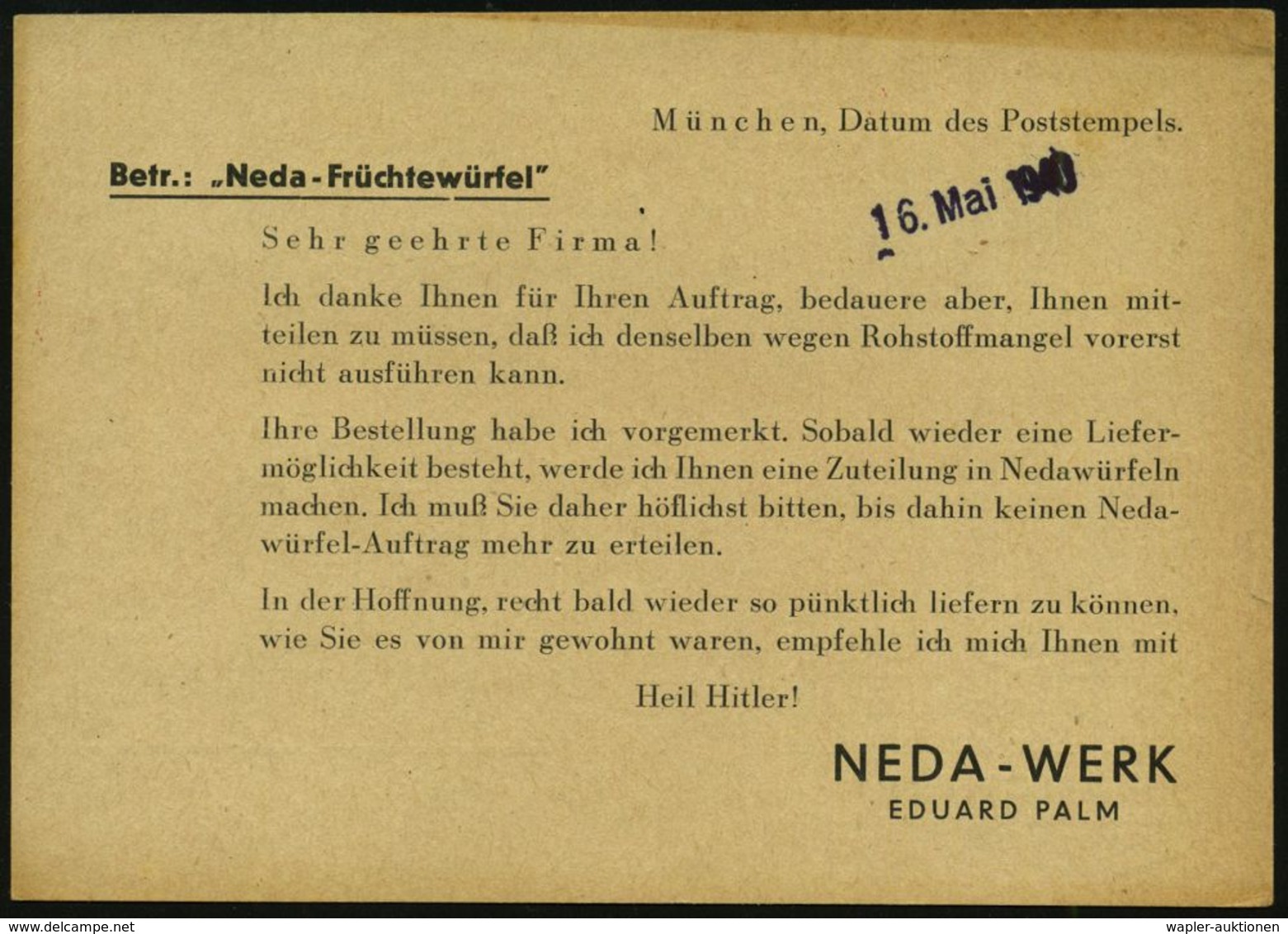 MÜNCHEN 13/ HDB/ Neda-/ Werk/ NEDA/ BÜRGT FÜR QUALITÄT 1940 (14.5.) AFS (Logo: Palme) Firmen-Kt.: NEDA-WERK/EDUARD PALM/ - Pharmacie