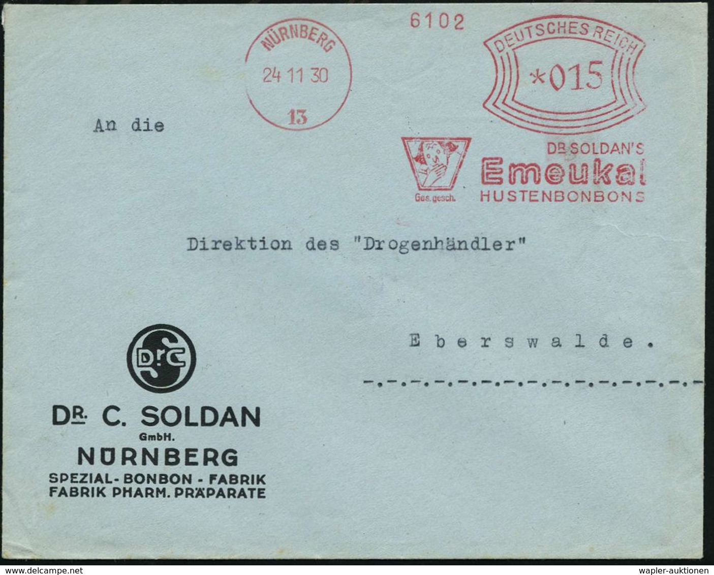 NÜRNBERG/ 13/ DR.SOLDAN'S/ Emeukal/ HUSTENBONBONS 1930 (24.11.) AFS (Kopf Mit Hand Vor Mund = Logo) Rs. Motivgl. Reklame - Apotheek