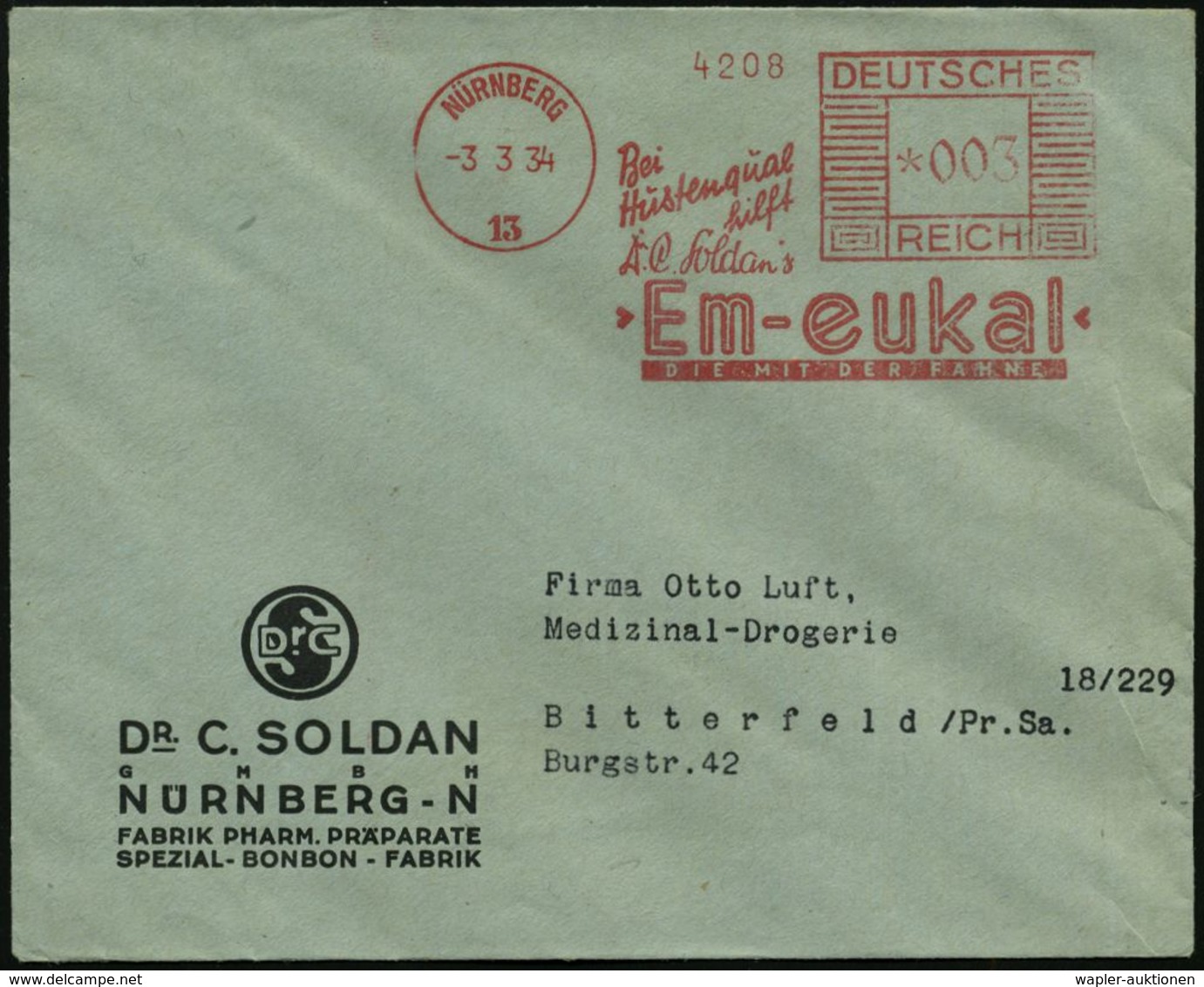 NÜRNBERG/ 13/ Bei/ Hustenqual/ Hilft/ Dr.C.Soldan's/ Em-eukal.. 1934 (3.3.) AFS + Abs.Vordr.: Dr. C S = Altes Logo, Inl. - Apotheek