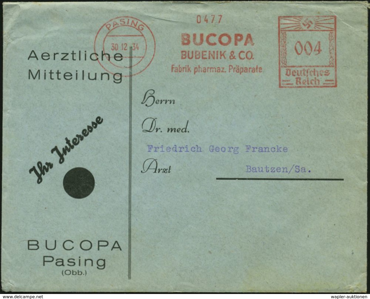 PASING/ BUCOPA/ BUBENIK & CO/ Fabrik Pharmaz.Präparate 1934 (30.12.) AFS Klar Auf Firmen-Bf. (Dü.E-3CEh) - PHARMAZIE / M - Apotheek