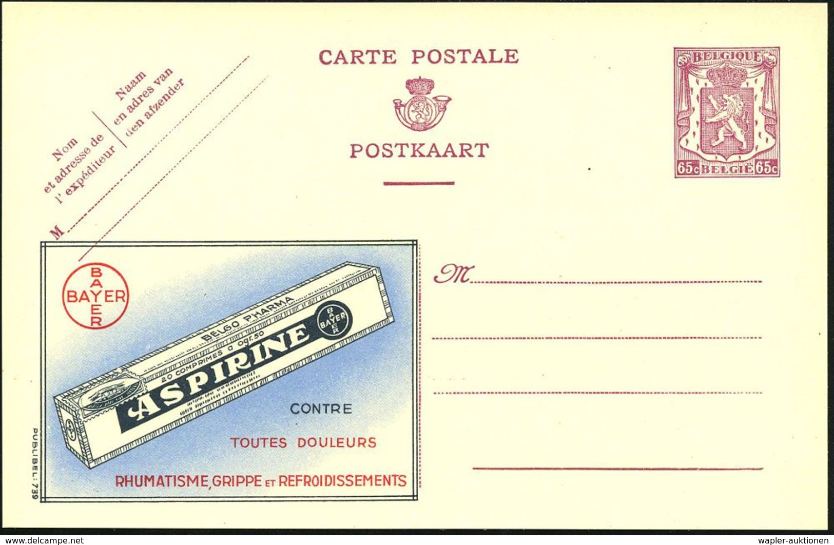 BELGIEN 1946 65 C. Reklame-P Löwe, Viol.: BAYER/ASPIRINE/CONTRE/..DOULEURS/RHUMATISME,GRIPPE.. (Arznei-Packung) Frz. Tex - Apotheek