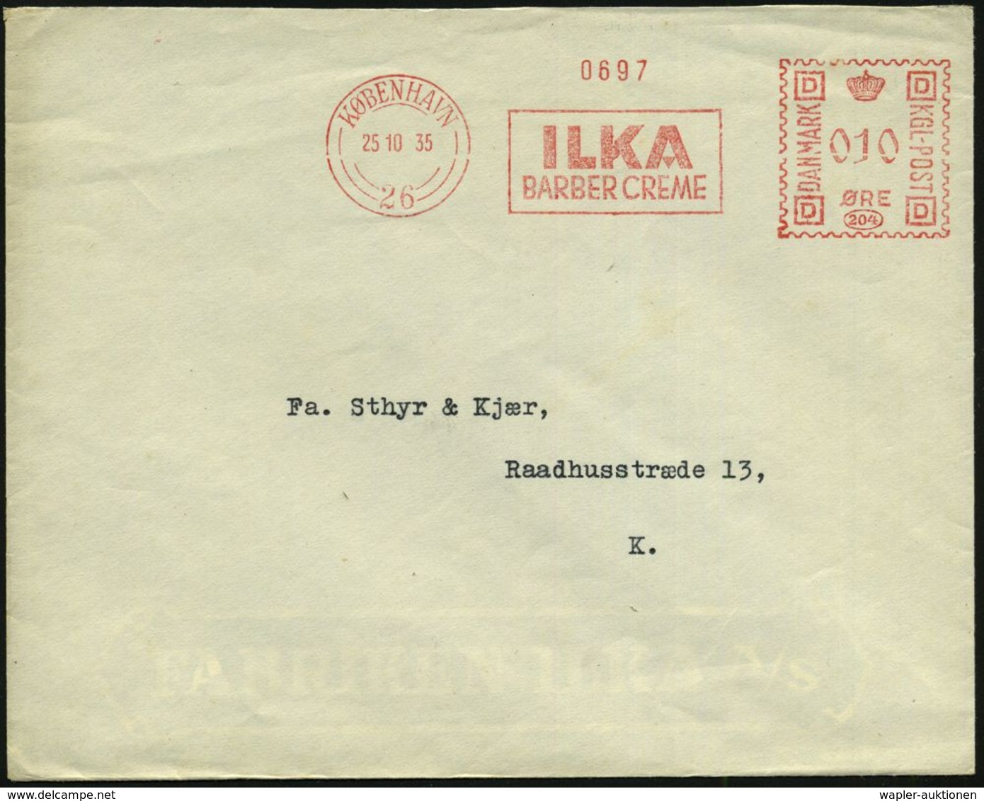 DÄNEMARK 1935 (25.10.) AFS: KÖBENHAVN/26/ILKA/BARBER CREME/204 = Rasier-Creme (rs. Abs.-Vordr.) Klar Gest. Orts-Bf. (Fra - Apotheek