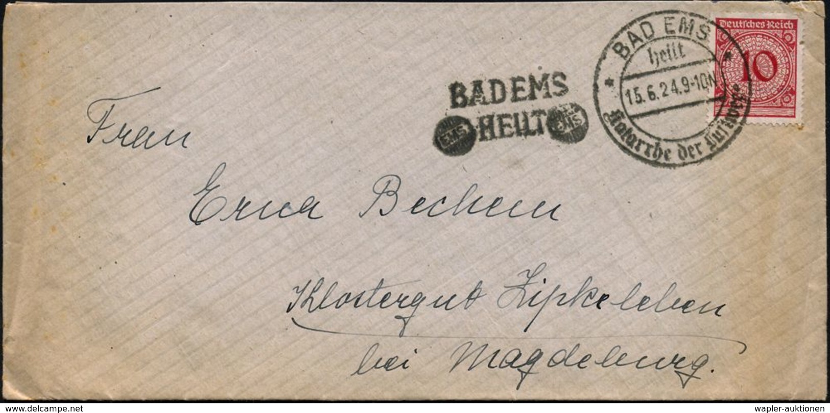 BAD EMS/ Heilt/ Katarrhe Der Luftwege 1924 (15.6.) Seltener HWSt + Sehr Seltener HWSt: BAD EMS/HEILT = 2 "Emser Pastille - Médecine