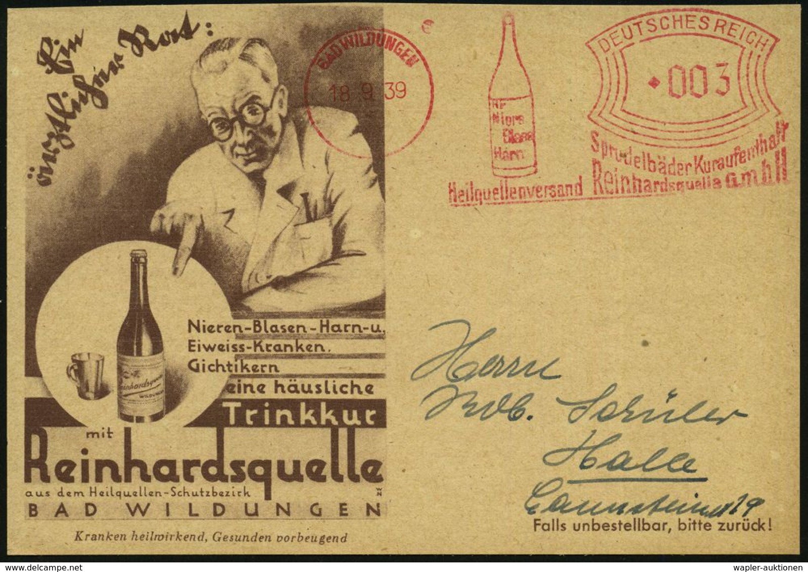 BAD WILDUNGEN/ ..Heilquellenversand/ Reinhardsquelle GmbH 1939 (18.9.) Seltene AFS-Type = Flasche "Reinhardsquelle" Auf  - Medicina