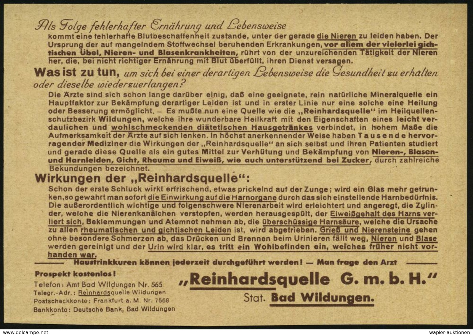 BAD WILDUNGEN/ ..Heilquellenversand/ Reinhardsquelle GmbH 1939 (18.9.) Seltene AFS-Type = Flasche "Reinhardsquelle" Auf  - Médecine