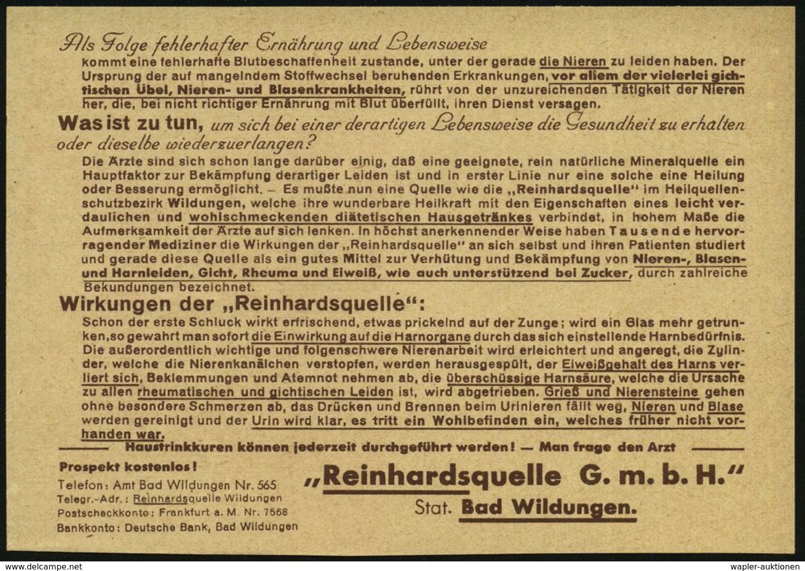 BAD WILDUNGEN/ ..Heilquellenversand/ Reinhardsquelle GmbH 1939 (18.9.) Seltene AFS-Type = Flasche "Reinhardsquelle" Auf  - Medicina