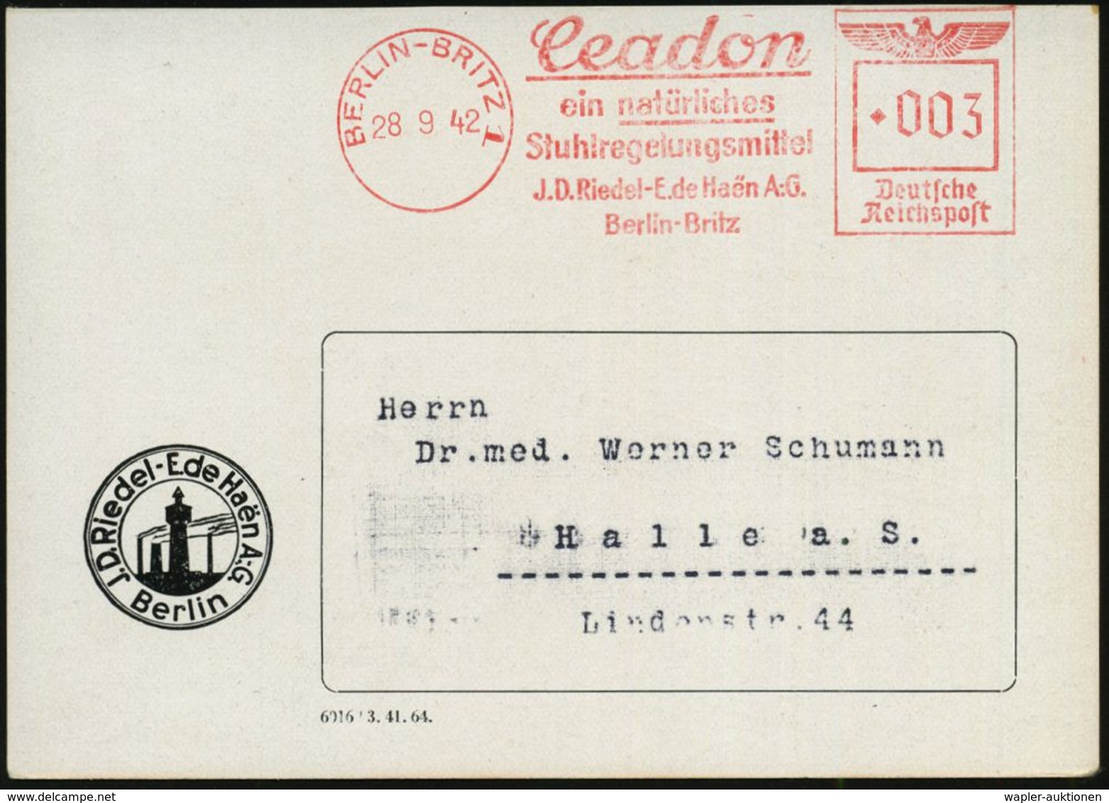 BERLIN-BRITZ 1/ Ceadon/ Ein Natürliches/ Stuhlregelungsmittel.. 1942 (28.9.) AFS Auf Reklame-Ak.: Recidon-Zäpfchen.. (Re - Medizin