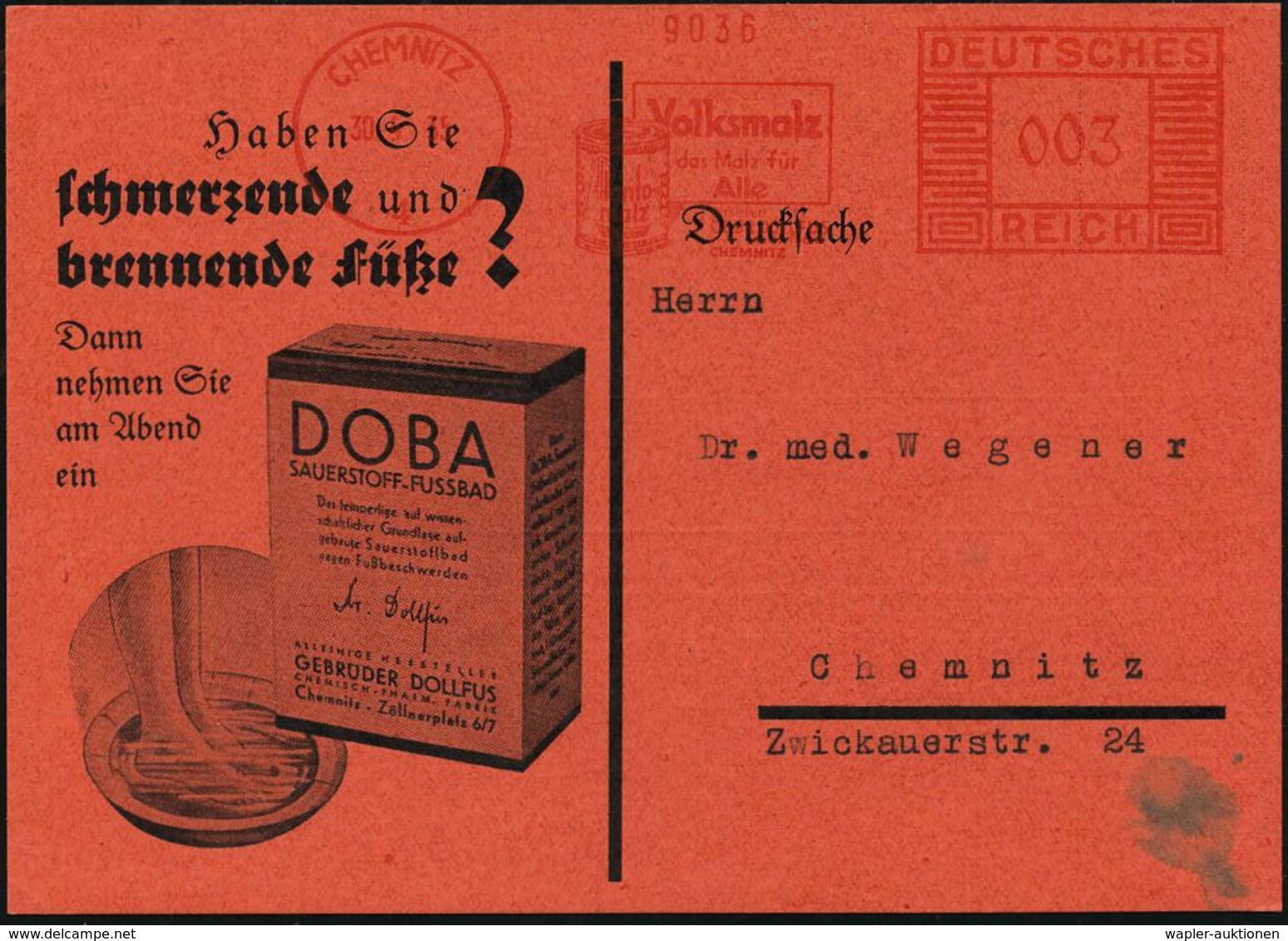 CHEMNITZ/ 4/ Volksmalz/ D.Malz F./ Alle/ GEBR.DOLLFUS 1935 (30.4.) Seltener AFS (Packung "Plantomalz") Dekorat. Reklame- - Médecine