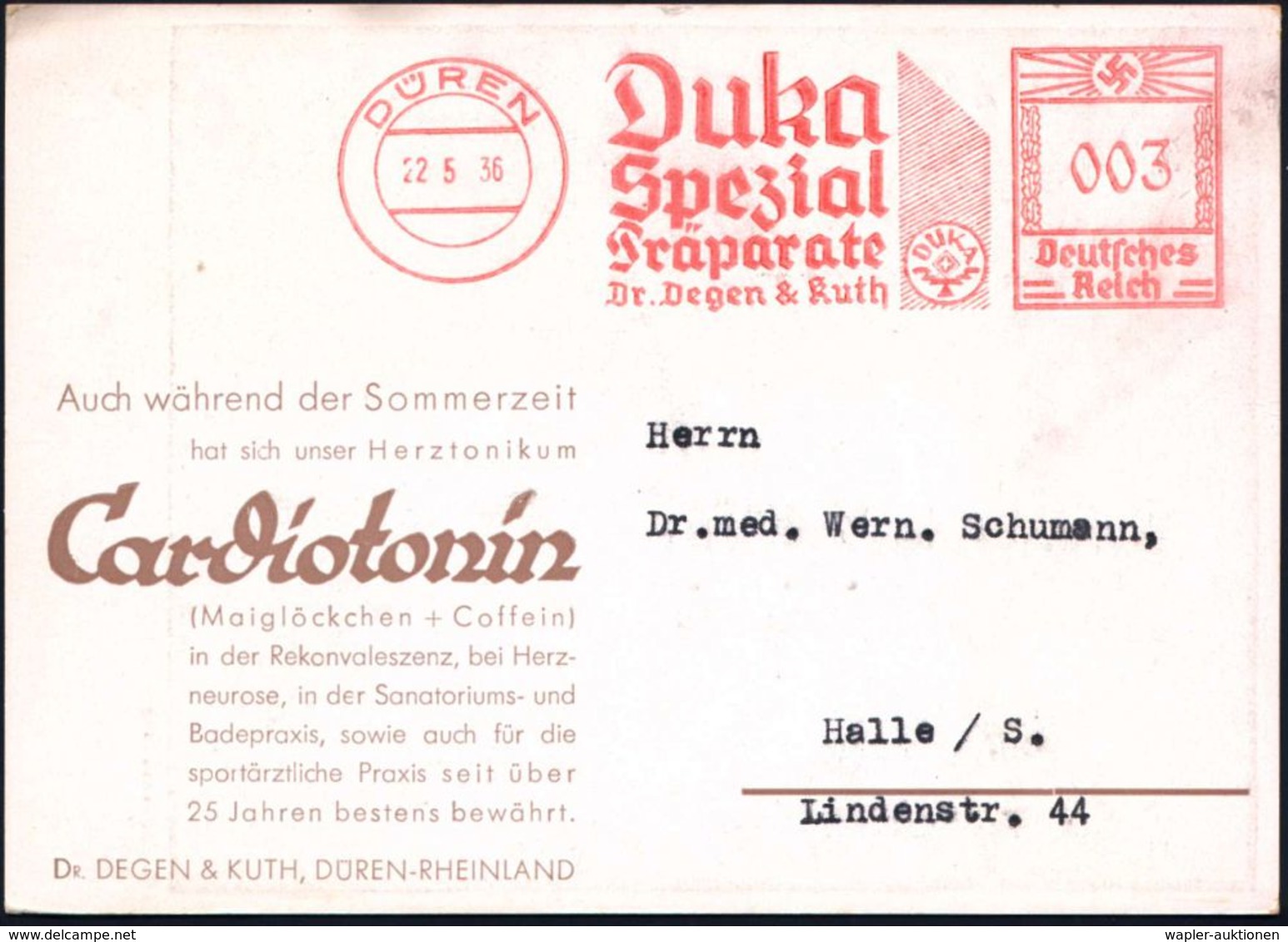 DÜREN/ Duka/ Spezial/ Präparate/ Dr.Degen & Kuth 1936 (22.5.) AFS (Logo) Auf Color-Reklame-Ak.: Cardiotonin (Maiglöckche - Medizin