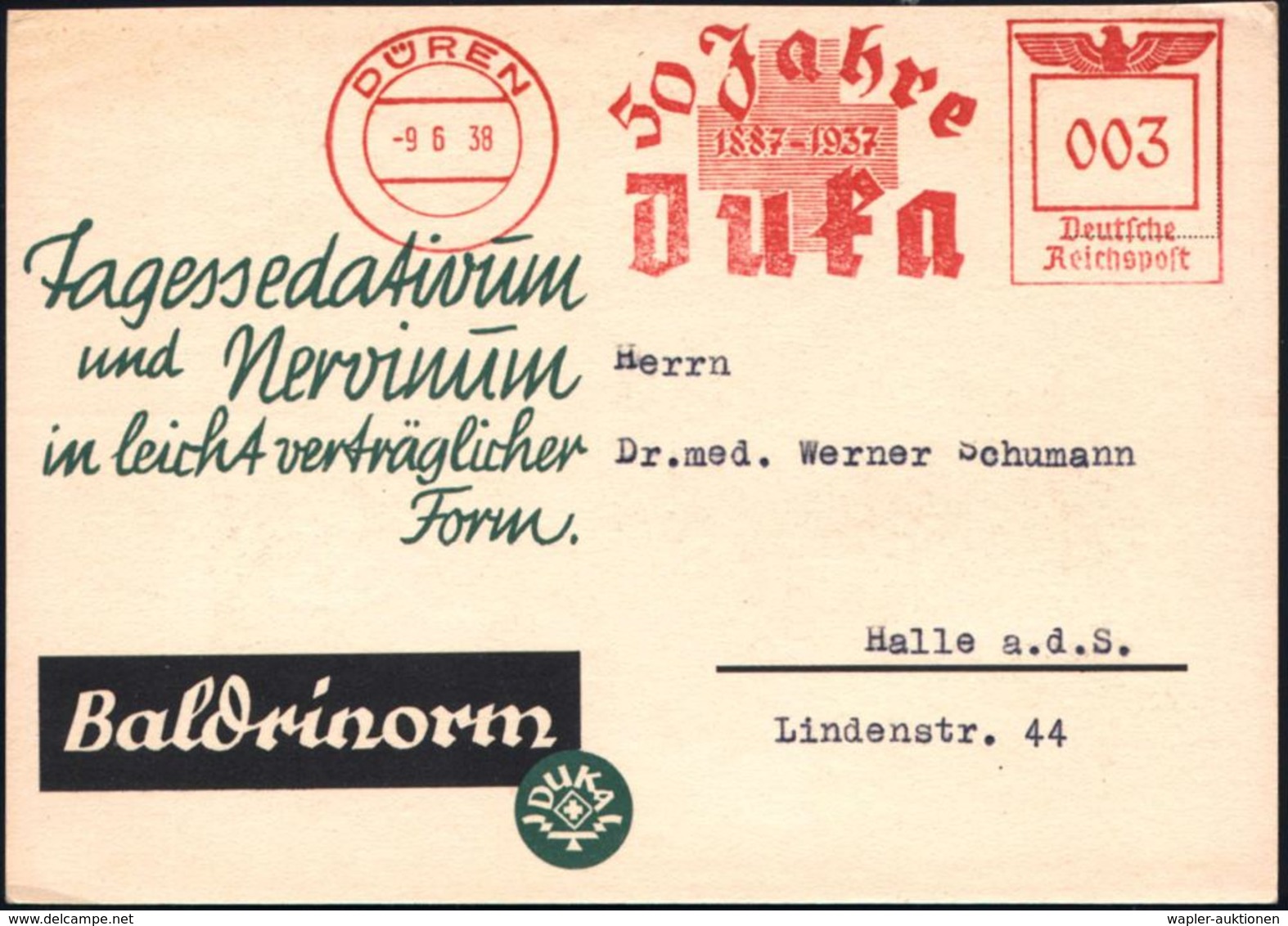 DÜREN/ 50 Jahre/ 1887-1937/ Duka 1938 (9.6.) Jubil.-AFS (Rotes Kreuz) Auf (halber) Reklame-Ak.: Baldinorum (Baldrian-Bro - Medizin