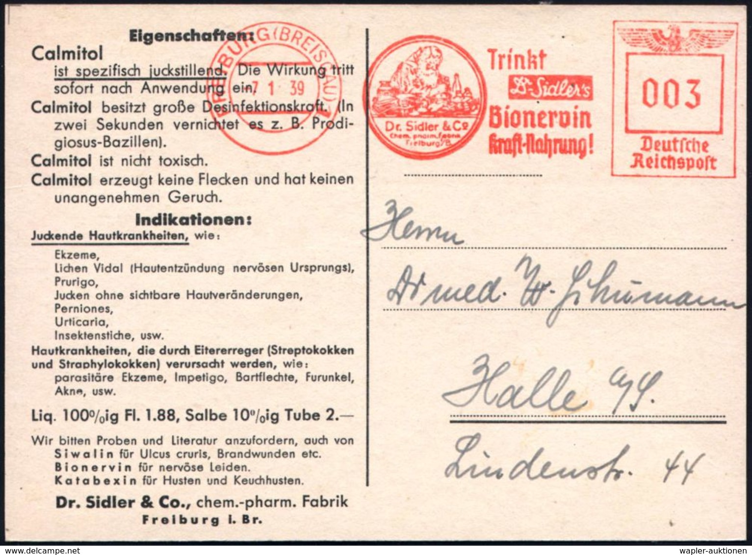 FREIBURG (BREISGAU)1/ Trinkt/ Dr.Sidler's/ Bionervin/ Kraft-Nahrung 1939 (7.1.) Dekorat. AFS = Mönch Im Heilmittel-Labor - Médecine