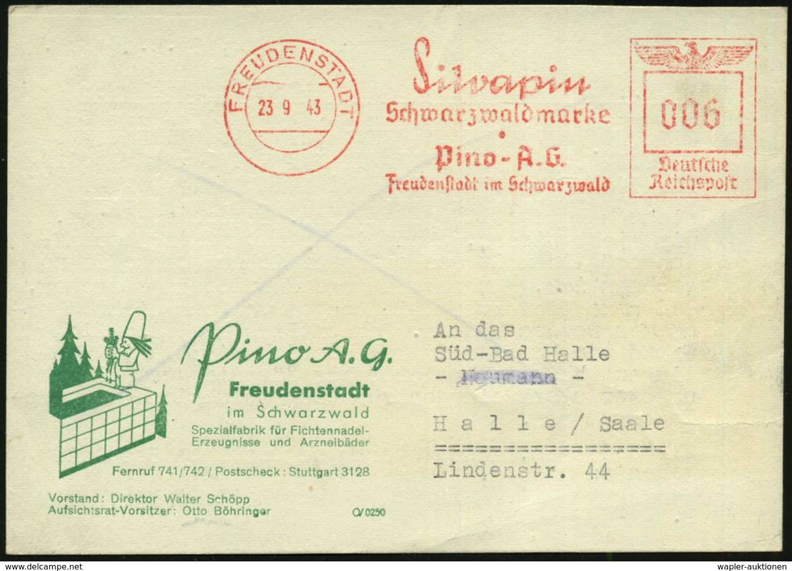 FREUDENSTADT/ Silvapin/ Schwarzwaldmarke/ Pino-AG. 1943 (23.9.) AFS Auf Dekorativer, Grüner Reklame-Kt.: Tannennadelbad  - Médecine