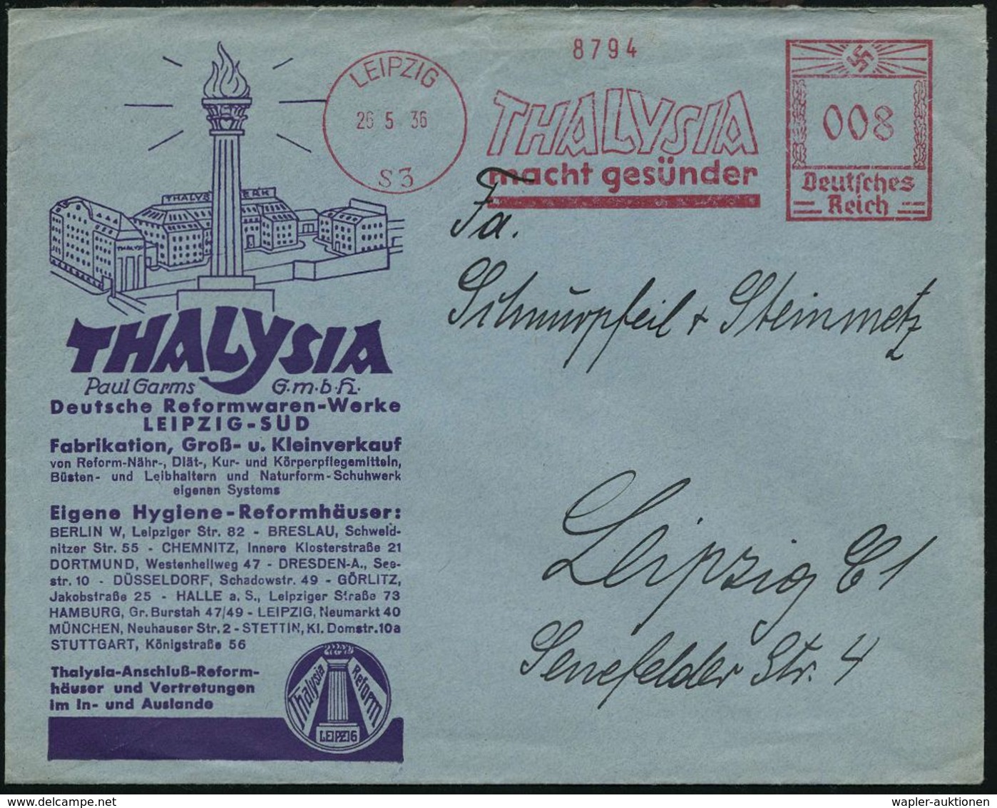 LEIPZIG/ S3/ THALYSIA/ Macht Gesünder 1936 (26.5.) AFS Auf Reklame-Bf.: Paul Garms GmbH , Deutsche Reformwaren-Werke Fab - Medizin