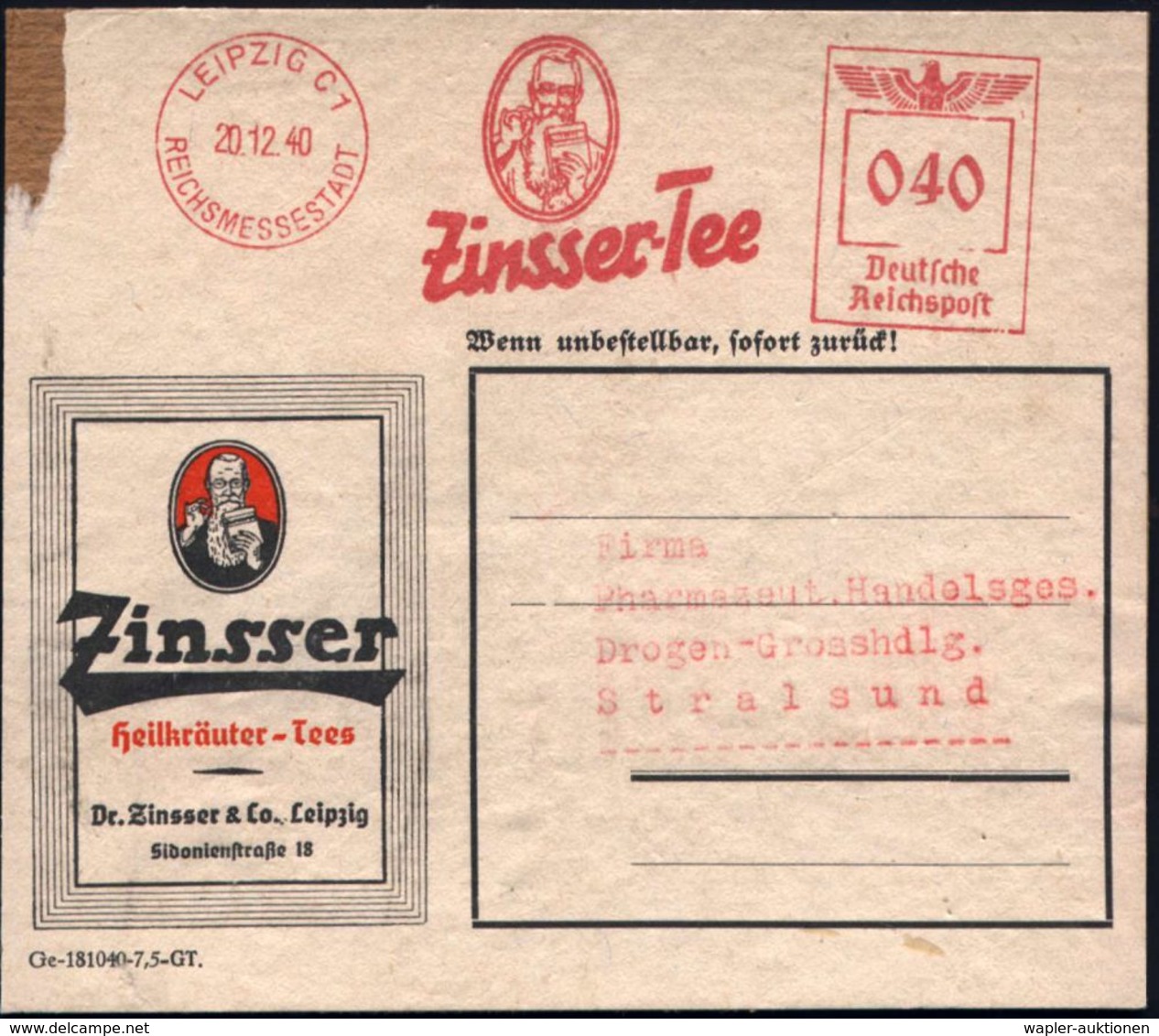 LEIPZIG C1/ REICHSMESSESTADT/ Zinsser-Tee 1940 (20.12.) AFS 040 Pf. (Dr.Zinsser MitVollbart U. Heiltee-Packung) Auf Moti - Medizin