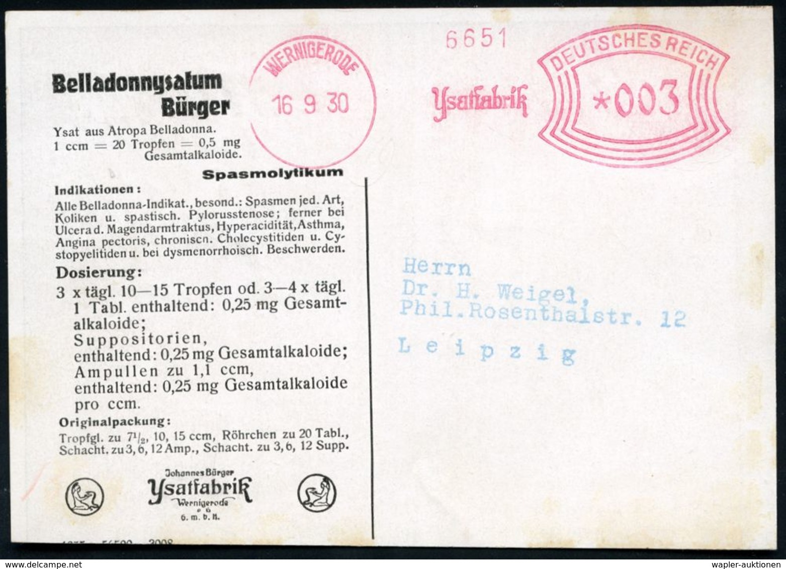 WERNIGERODE/ Ysatfabrik 1930 (16.9.) AFS Auf (halber) Color-Reklame-Kt: Belladonnysatum Bürger.. Spasmolytikum (Belladon - Médecine