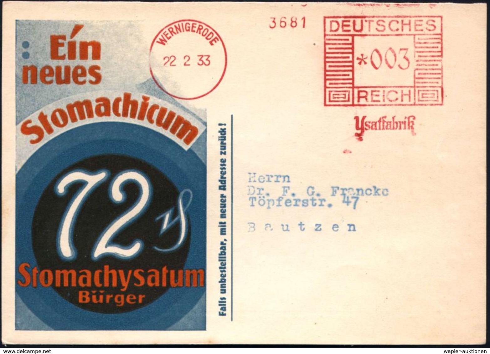 WERNIGERODE/  Ysatfabrik 1933 (22.2.) AFS Klar Auf Dekorativer Color-Reklame-Kt.: Stomachicum 72 Pf. Stomachysatum Bürge - Medizin