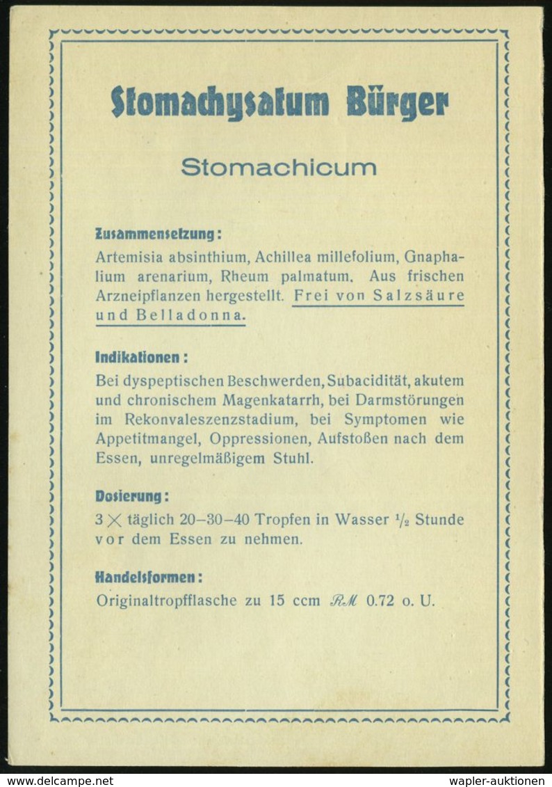 WERNIGERODE/  Ysatfabrik 1933 (22.2.) AFS Klar Auf Dekorativer Color-Reklame-Kt.: Stomachicum 72 Pf. Stomachysatum Bürge - Médecine