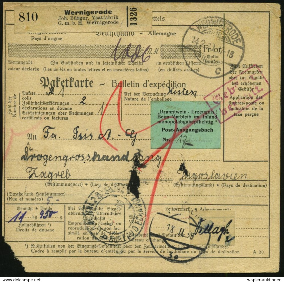 Wernigerode/ Joh.Bürger, Ysatfabrik/ GmbH.. 1939 (14.2.) Selbstbucher-Paketzettel + Viol.Ra2: Gebühr/bezahlt +1K: WERNIG - Medizin