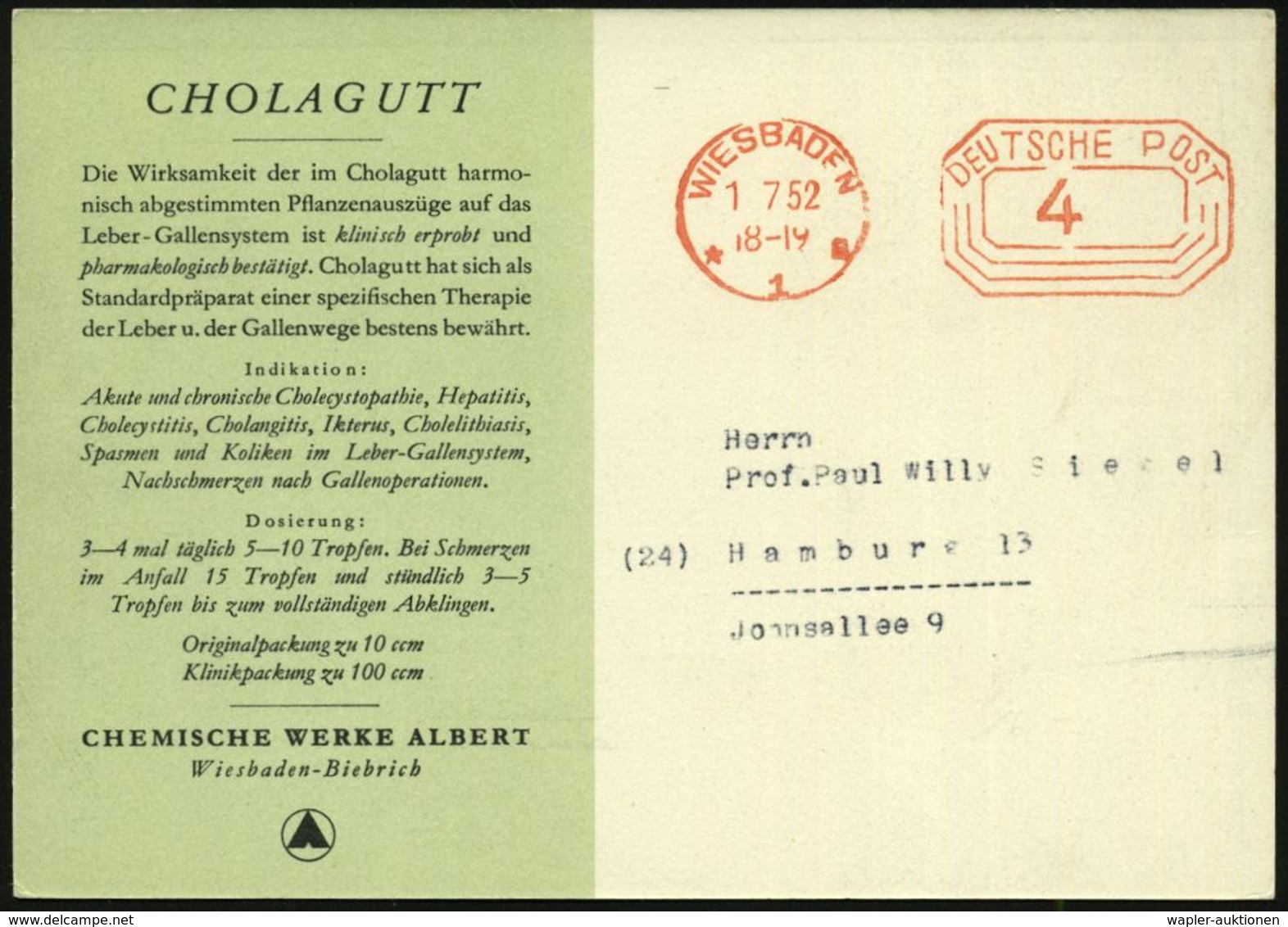 WIESBADEN/ *1II 1952 (1.7.) PFS 4 Pf. (Achteck-Wertrahmen) Auf Color-Reklame-Kt: CHEM. WERKE ALBERT CHOLAGUTT (Dü.260) - - Médecine