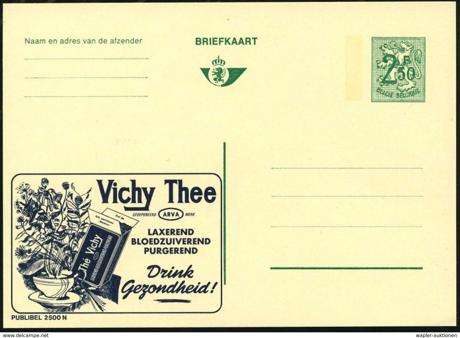 BELGIEN 1970 2,50 F. Reklame-P. Löwe, Grün: Vichy Thee.. LAXEREND = Kräuter, Packung Abführ-Tee (u. Tasse) Fläm. Text, U - Médecine