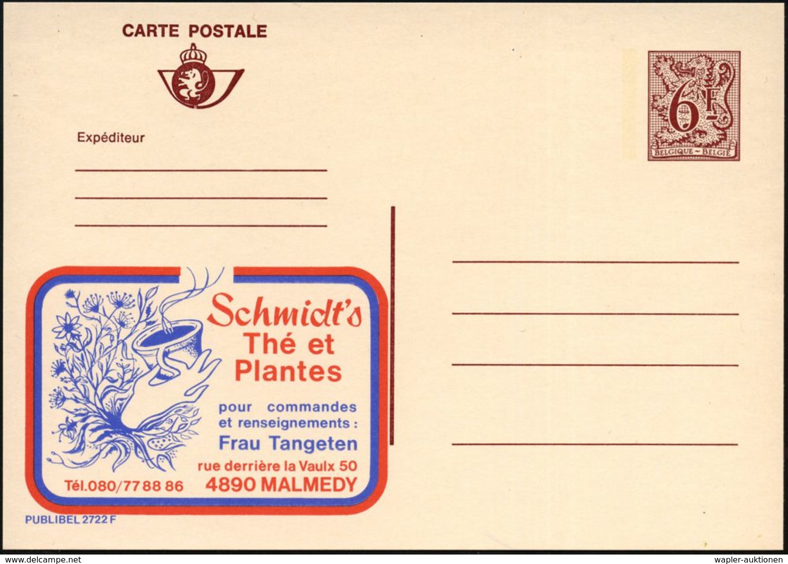 BELGIEN 1978 6 F. Reklame-P Braun: Schmidt's Thé Et Plantes.. (Heil-Kräuter, Teetasse, Hand) Ungebr. (Mi.P 410 III / 272 - Medizin