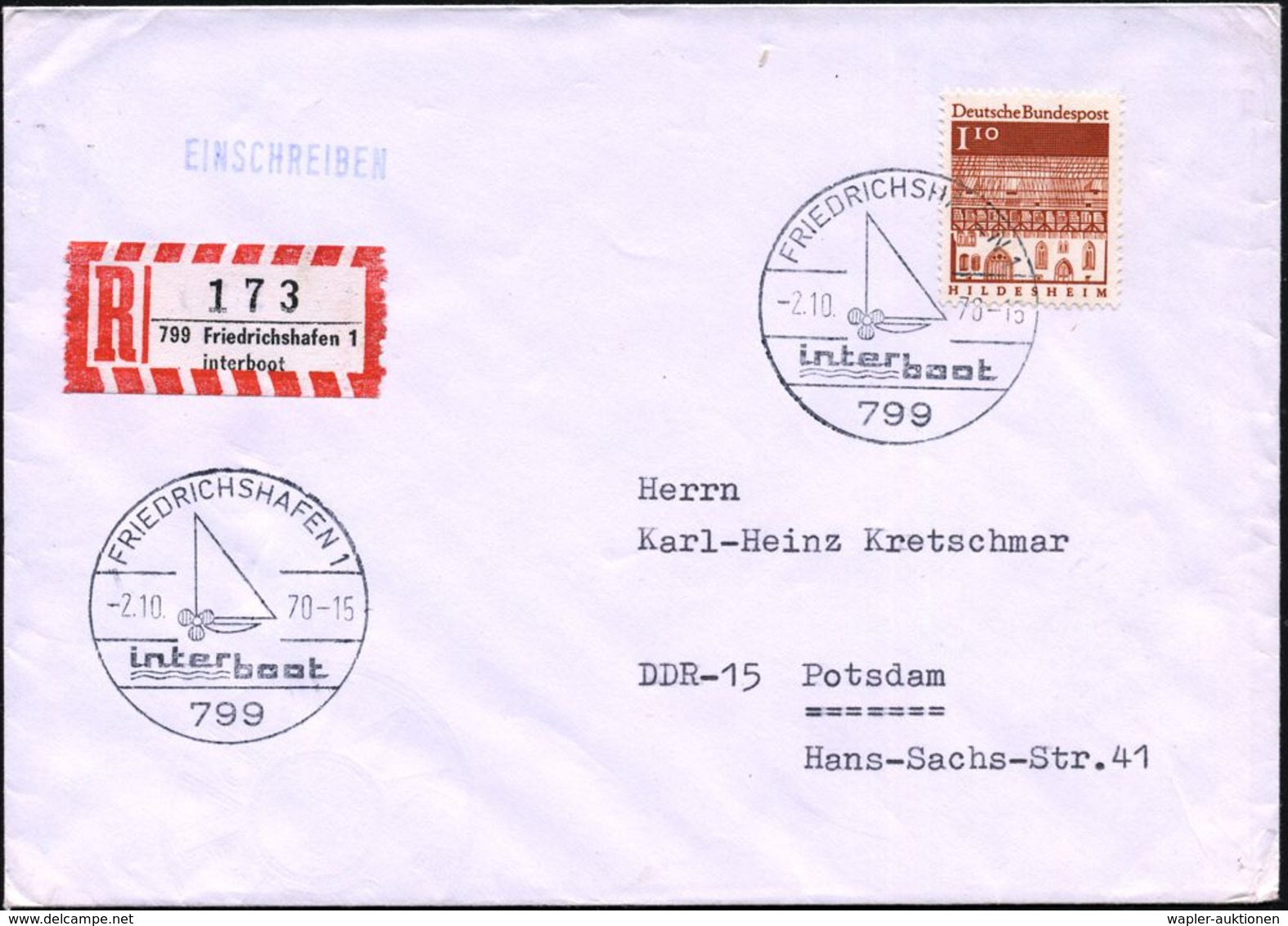 799 FRIEDRICHSHAFEN 1/ Inter/ Boot 1970 (Okt.) SSt = Segel U. Schiffsschraube (Messe-Logo) + Sonder-RZ: 799 Friedrichsha - Marittimi