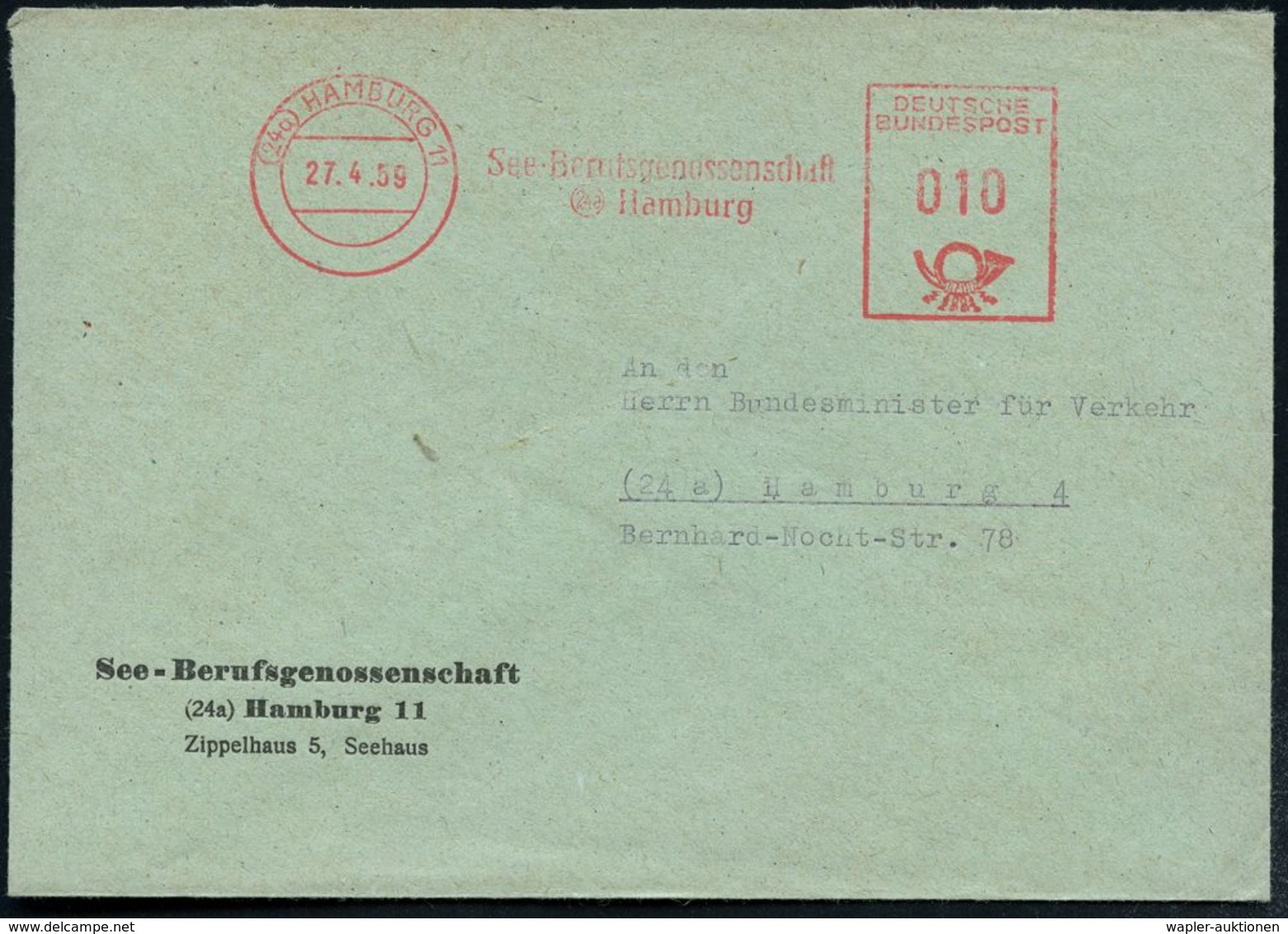 (24a) HAMBURG 11/ See-Berufsgenossenschaft 1959 AFS Klar Auf Vordruck-Bf. (Dü.E-23CO) - HANDELSSCHIFFAHRT / ZIVILE SCHIF - Marittimi