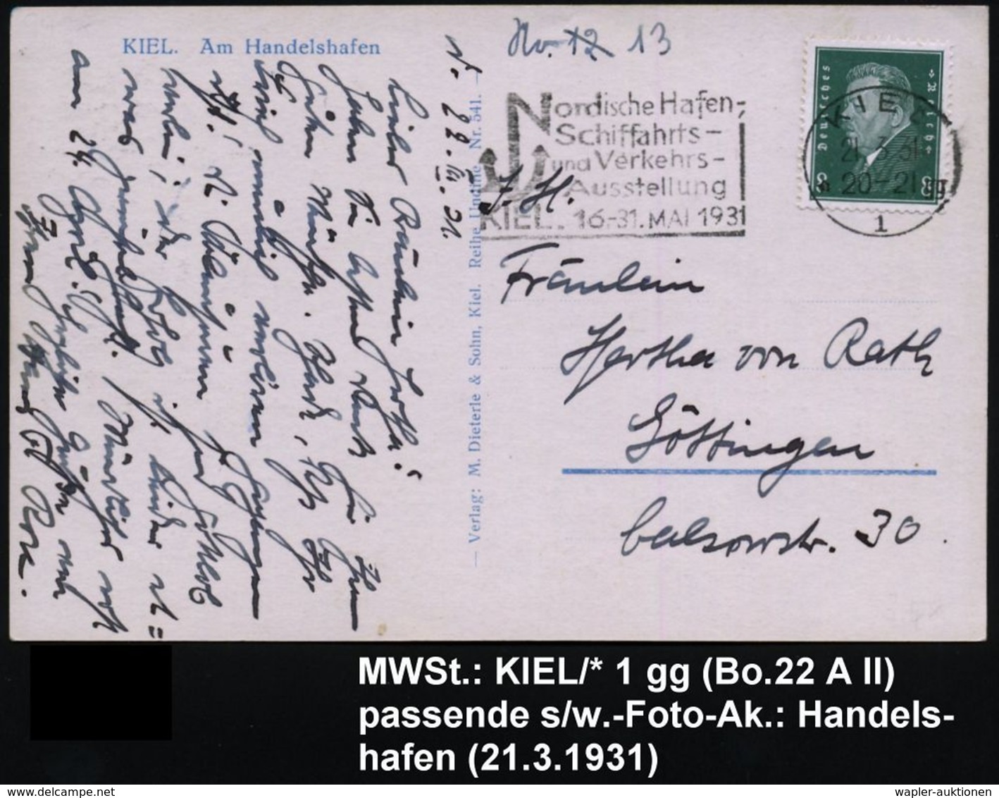 KIEL/ *1gg/ Nord. Hafen-/ Schiffahrts-/ U.Verkehrs-/ Ausst./ 16.-31.MAI 1931 (21.3.) Seltener MWSt (Anker) Klar S/w.-Fot - Schiffahrt