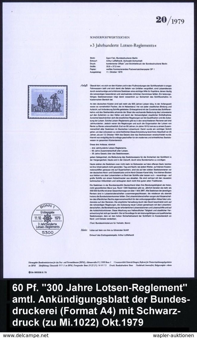 B.R.D. 1979 (Okt.) 60 Pf. "3 Jahrhunderte Lotsen-Regiment" + Amtl. Handstempel  "M U S T E R" + Amtl. Ankündigungsblatt  - Maritiem