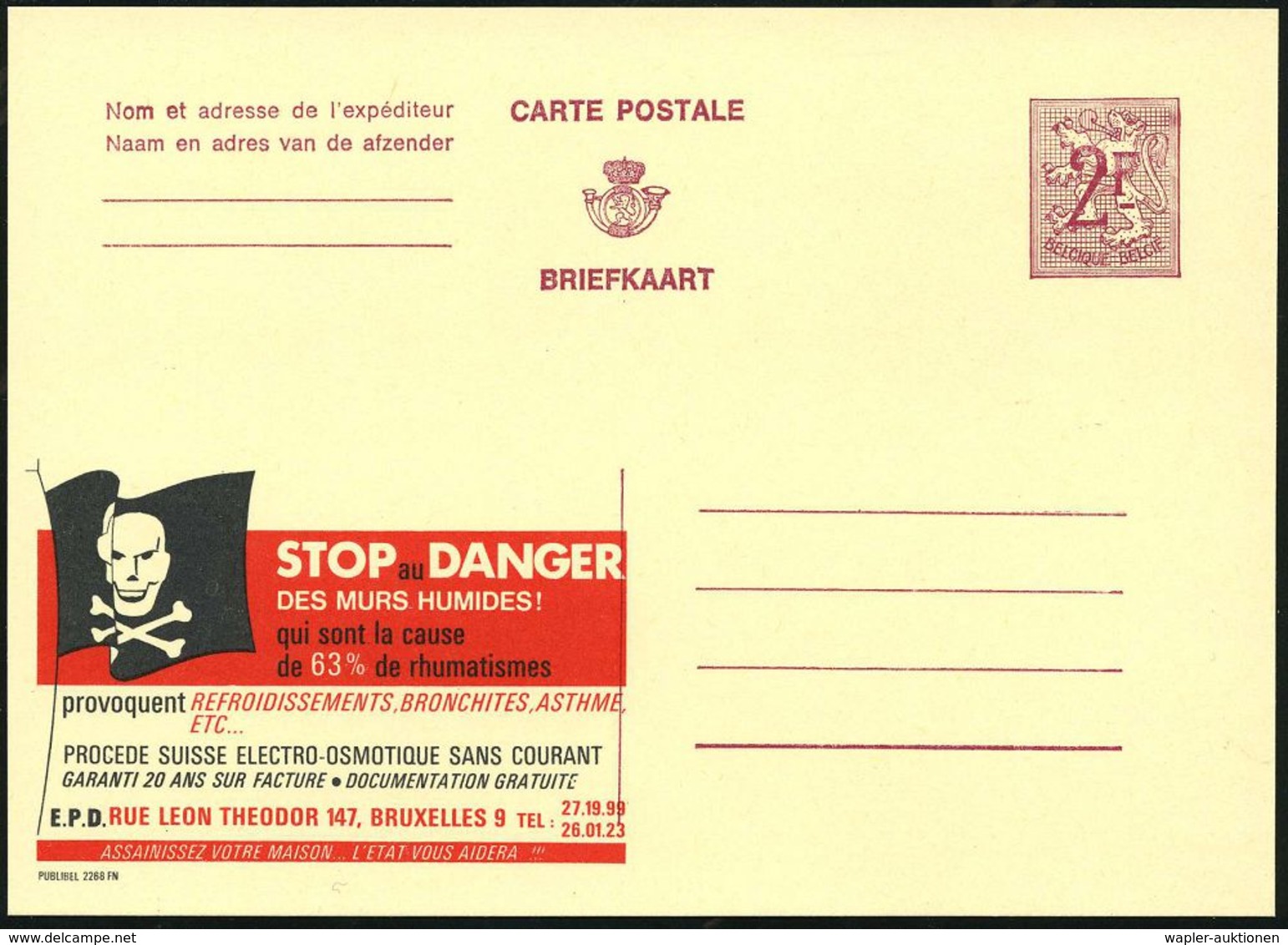 BELGIEN 1967 2 F. Reklame-P. Löwe, Weinrot: STOP Au DANGER../..63% De Rhumatismes.. = Piratenflagge Mit Totenschädel U.  - Marittimi