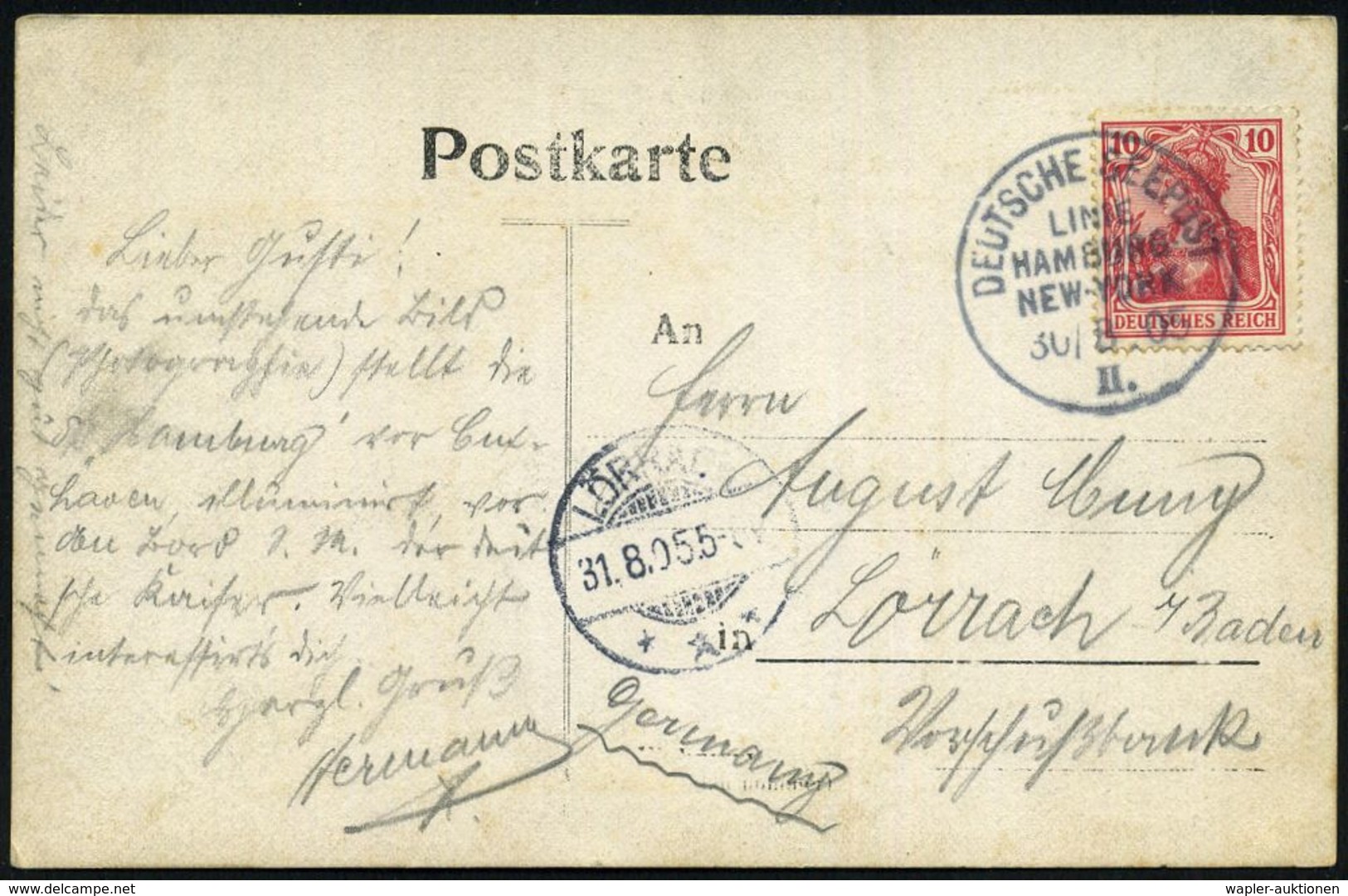 DEUTSCHES REICH 1905 (30.8.) 1K-BPA: DEUTSCHE SEEPOST/LINIE/HAMBURG-/NEW YORK/II. = D. "Hamburg" , Glasklar Auf EF 10 Pf - Marittimi