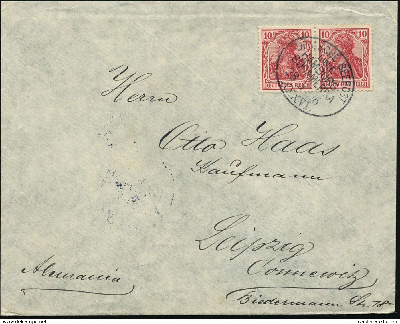 DEUTSCHES REICH 1906 (21.6.) Oval-BPA: DEUTSCHE SEEPOST/LINIE/HAMBURG-/SÜDAMERIKA/XXXVI. Klar Auf Paar 20 Pf. Germania ( - Maritiem